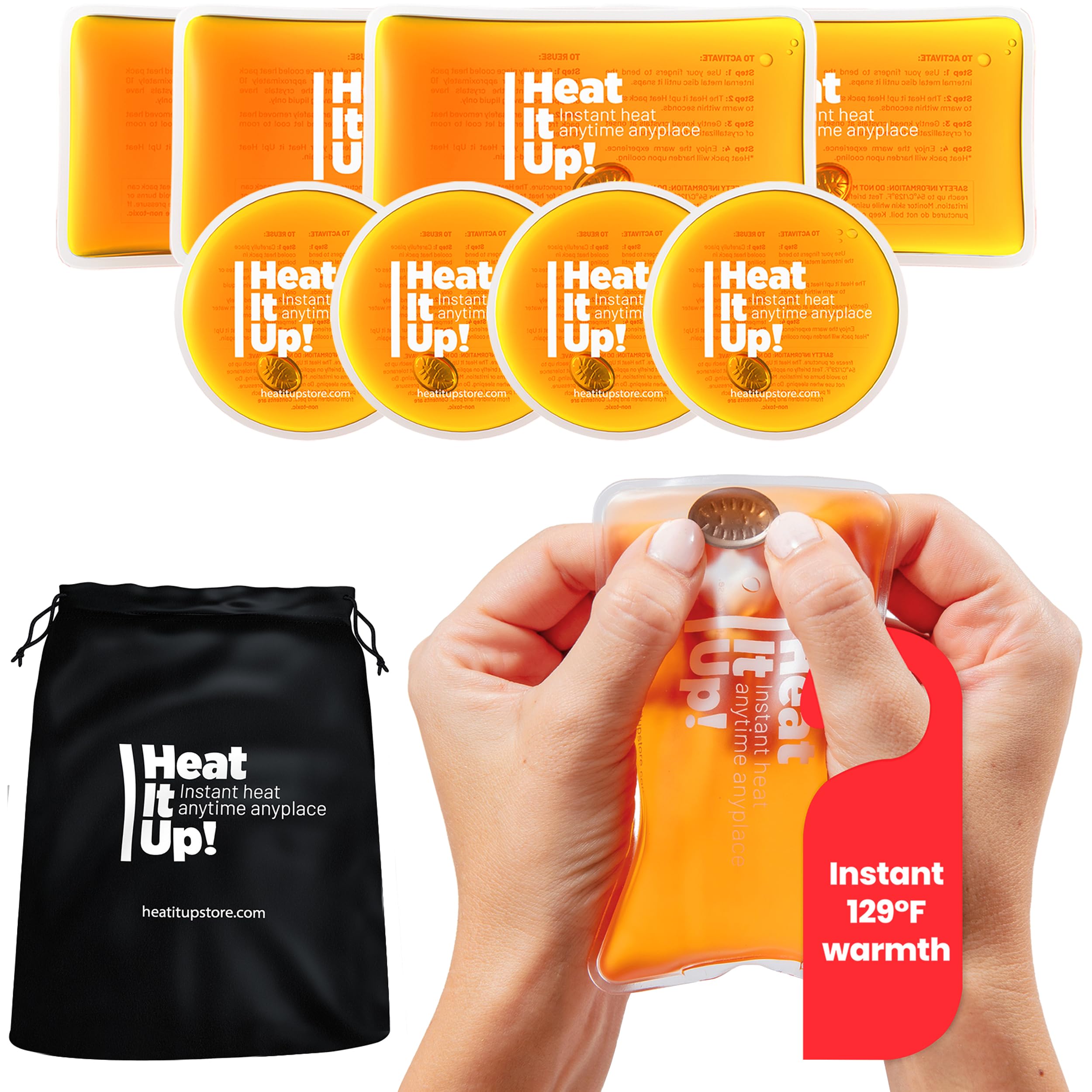 HEAT IT UP Reusable Heat Pack - 8 Instant Heat Packs for Hot Compress - Pads Can Be Used As Pocket Warmers Or Hot Packs for Pain Relief - Included Free Fabric Bag for Travel