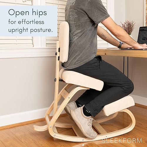 Miniatura 5 de Sleekform East Austin - Silla ergonómica de rodillas con soporte para la espalda, taburete Ergo de lino y madera de invierno para escritorio, la