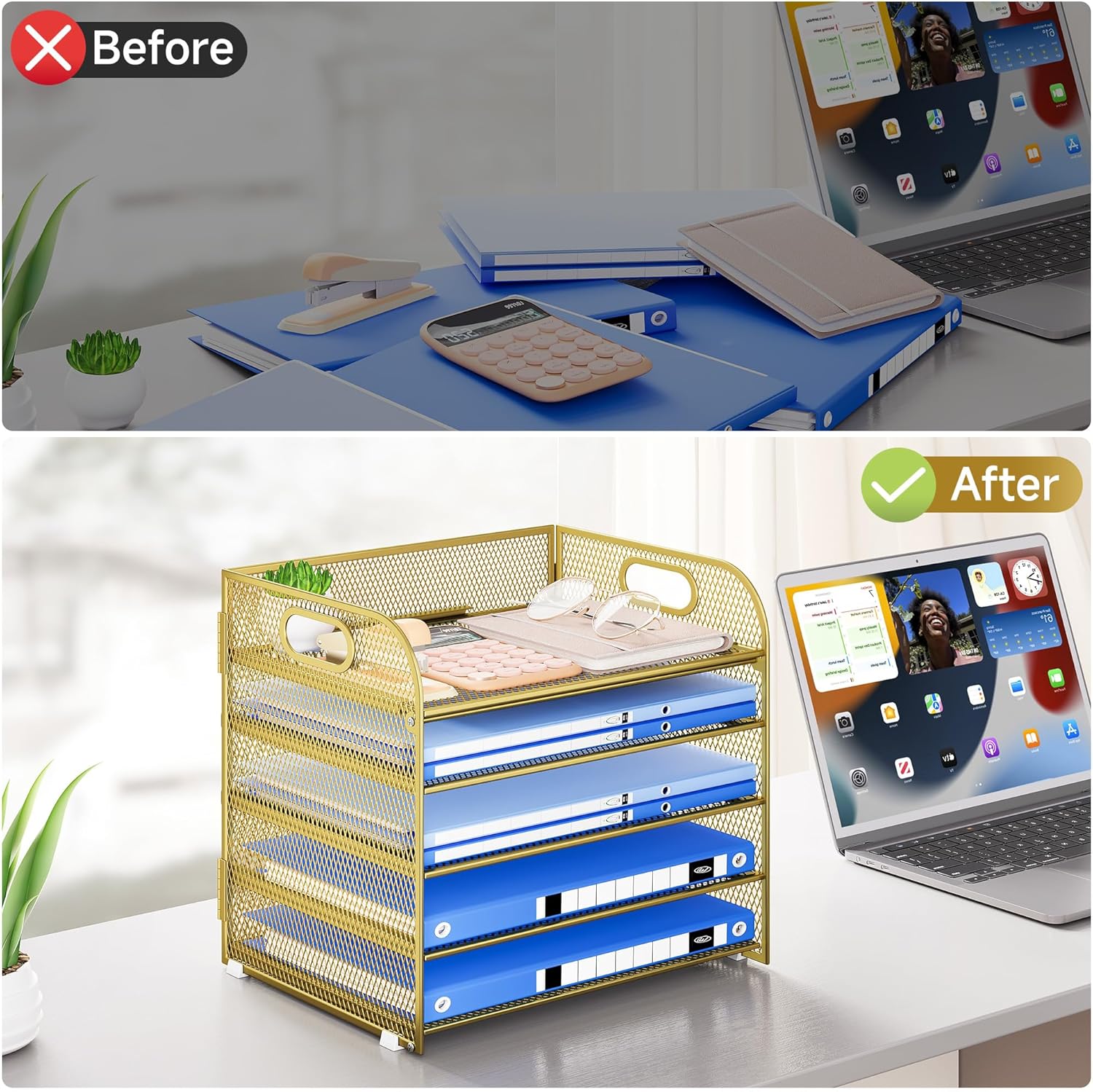 Paper Organizer Letter Tray with Handle Mesh 5 Trays Desk File Organizer Paper Sorter Desk Organizer for Office, Home or School-Gold