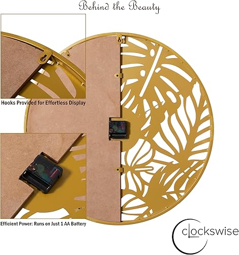 Miniatura 4 de Reloj de pared grande redondo moderno de 23.6 pulgadas, madera marrón decorativa y metal dorado con corte de hojas, reloj de gran tamaño para