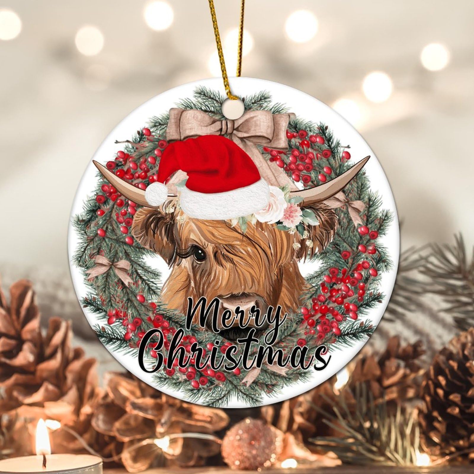 Evans1nism Red Farmhouse Highland Cow Santa Hat Christmas Porcelain Ornament - Floral Wreath, Furry Cattle 3.2 Inch Winter Decor - Gifts For Mom, Dad, Parents, Lover