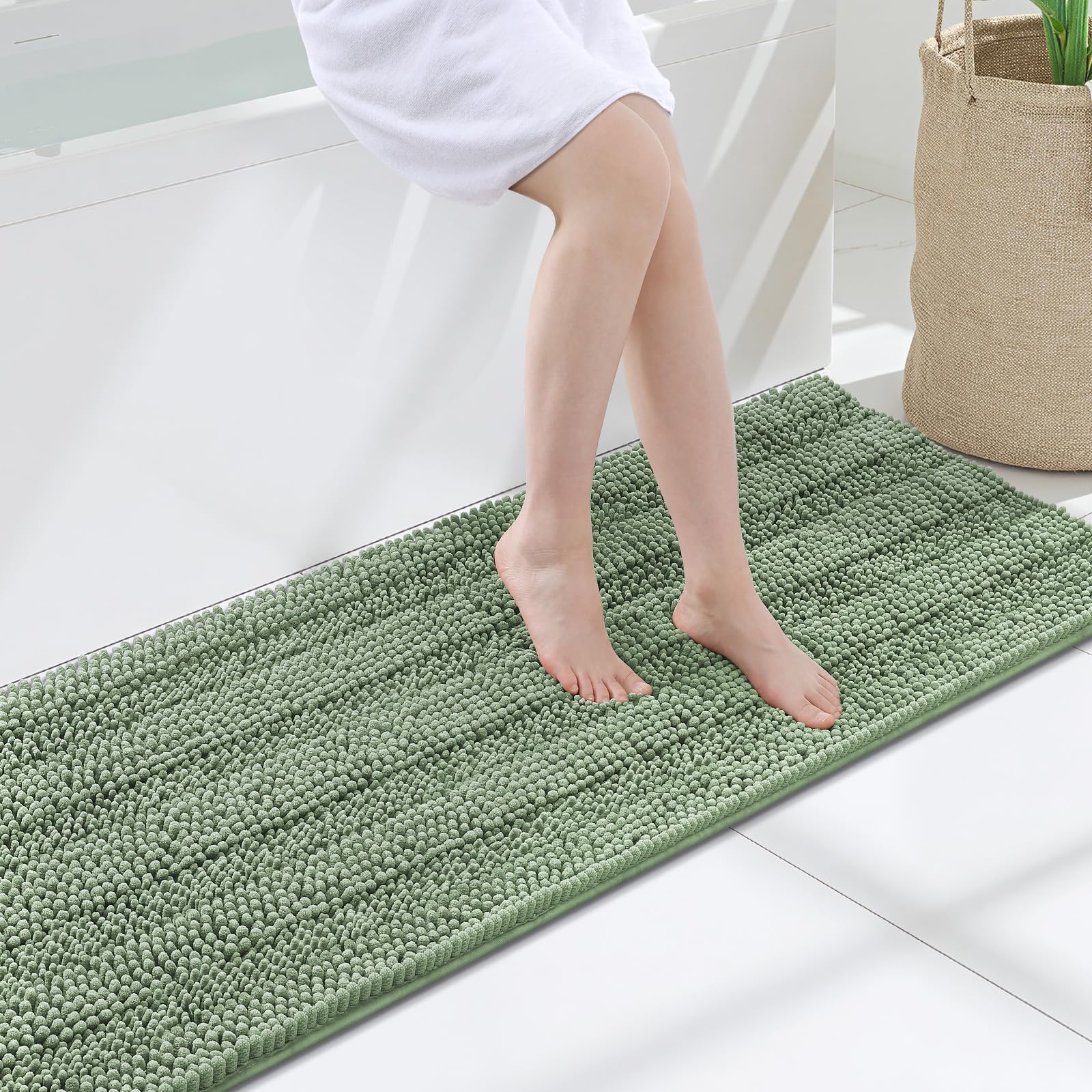 Grandaily Chenille Bathroom Rugs 47x17, Soft Bath Mats, Grayish Green