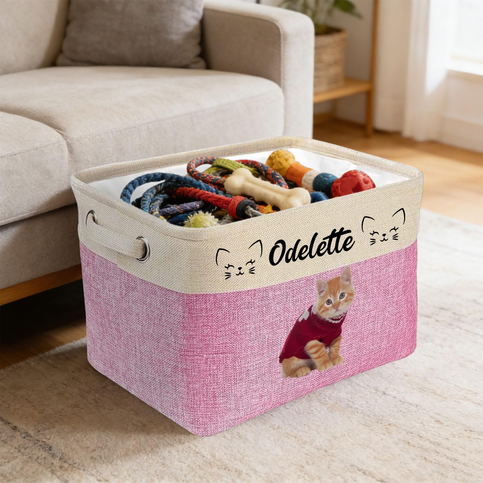 Cesta de almacenamiento personalizada para juguetes de perro, cesta plegable personalizada para mascotas con nombre y foto, cesta para juguetes de perro y suministros para mascotas (Rosa)