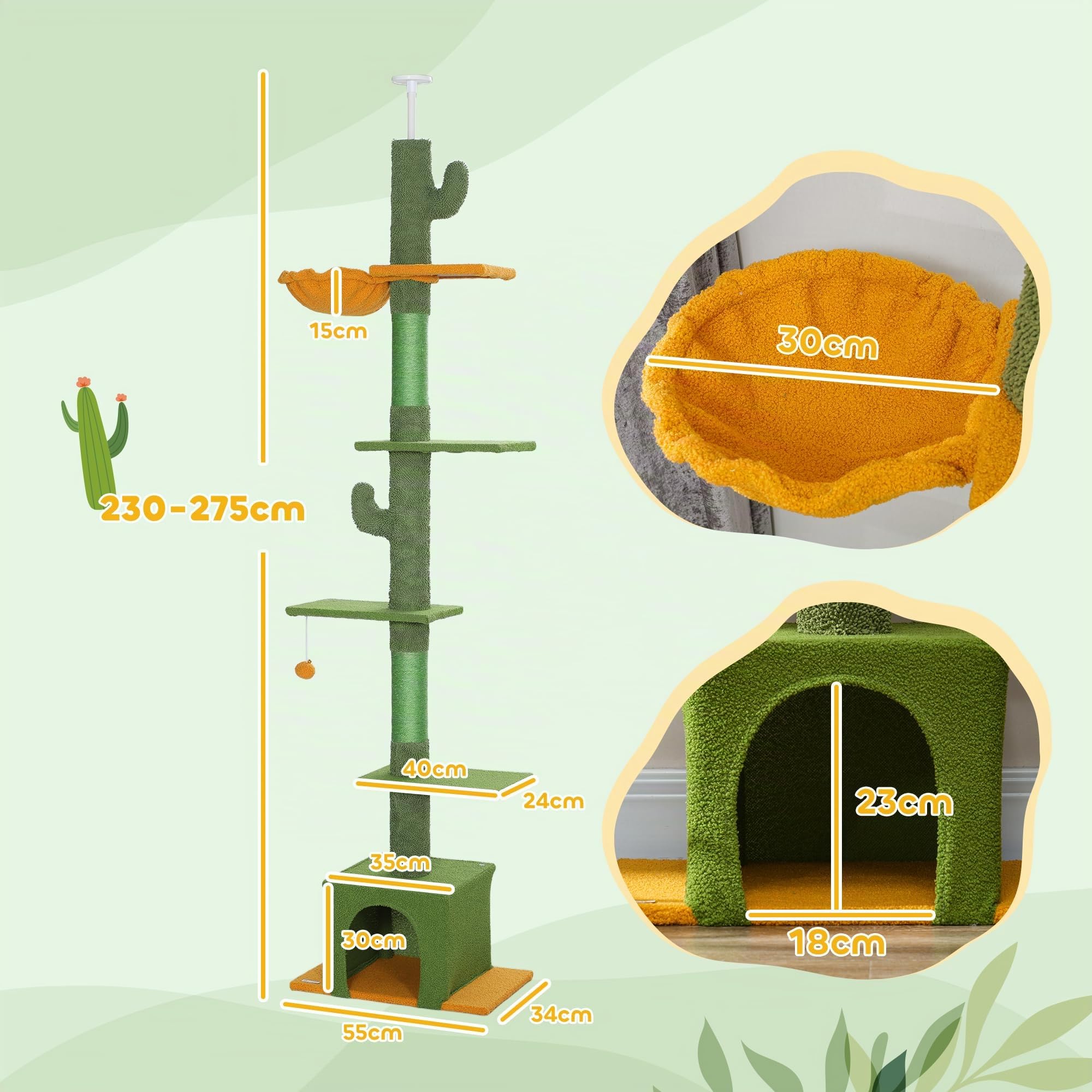 PawHut Kratzbaum Deckenhoch Katzenbaum 230-275 cm mit Katzenhöhle Grün | Katzenkratzbaum, Kratzstämmen, Spielball, Katzenmöbel mit Kippschutz