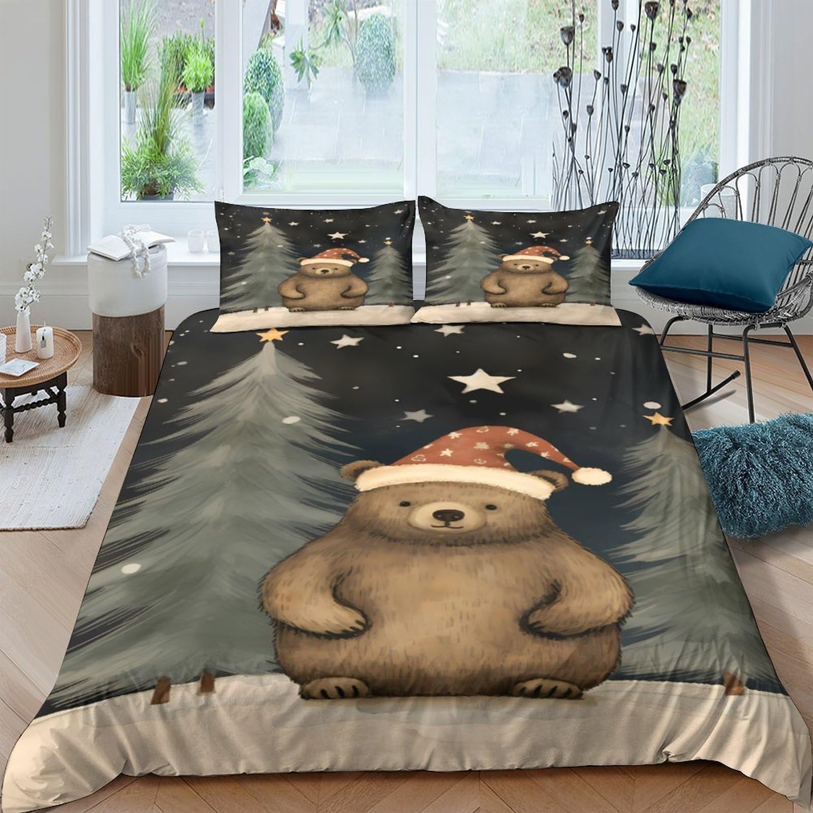 Ctjqhvkz Style-6 3D Printed Christmas Bear Fitted Sheet Microfiber Soft Forest Night Bed Cover For Bedroom Guest Room Easy Care Single（135X200cm）