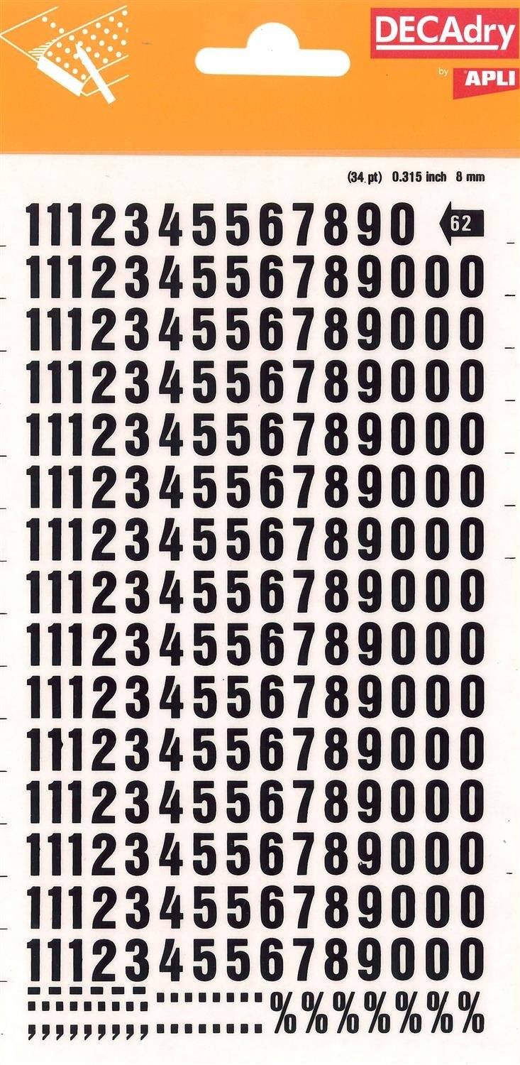 Apli DD62F - Black Transfer Numbers 8mm - 270 Characters