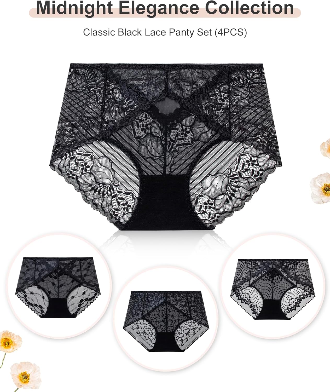 Women's Underwear 4-Pack Black Lace Hipster Panties, Assorted Styles for Everyday Comfort - Image 4