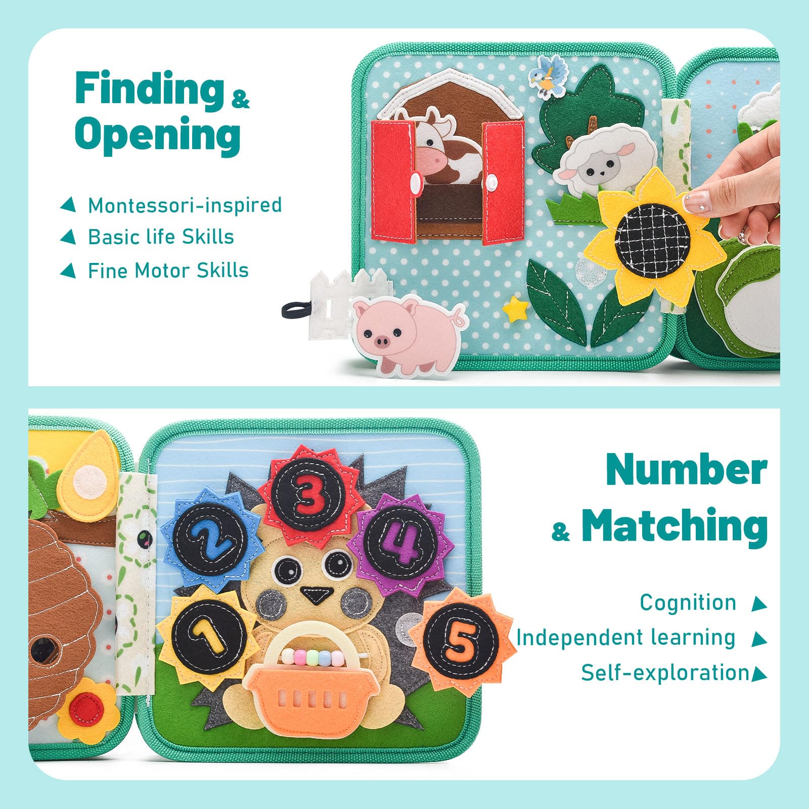Montessori - Libro ocupado para niños pequeños de 1 a 3 años, libro silencioso de fieltro y tablero de actividades para aprendizaje preescolar, habilidades motoras finas y juego sensorial, juguete 2