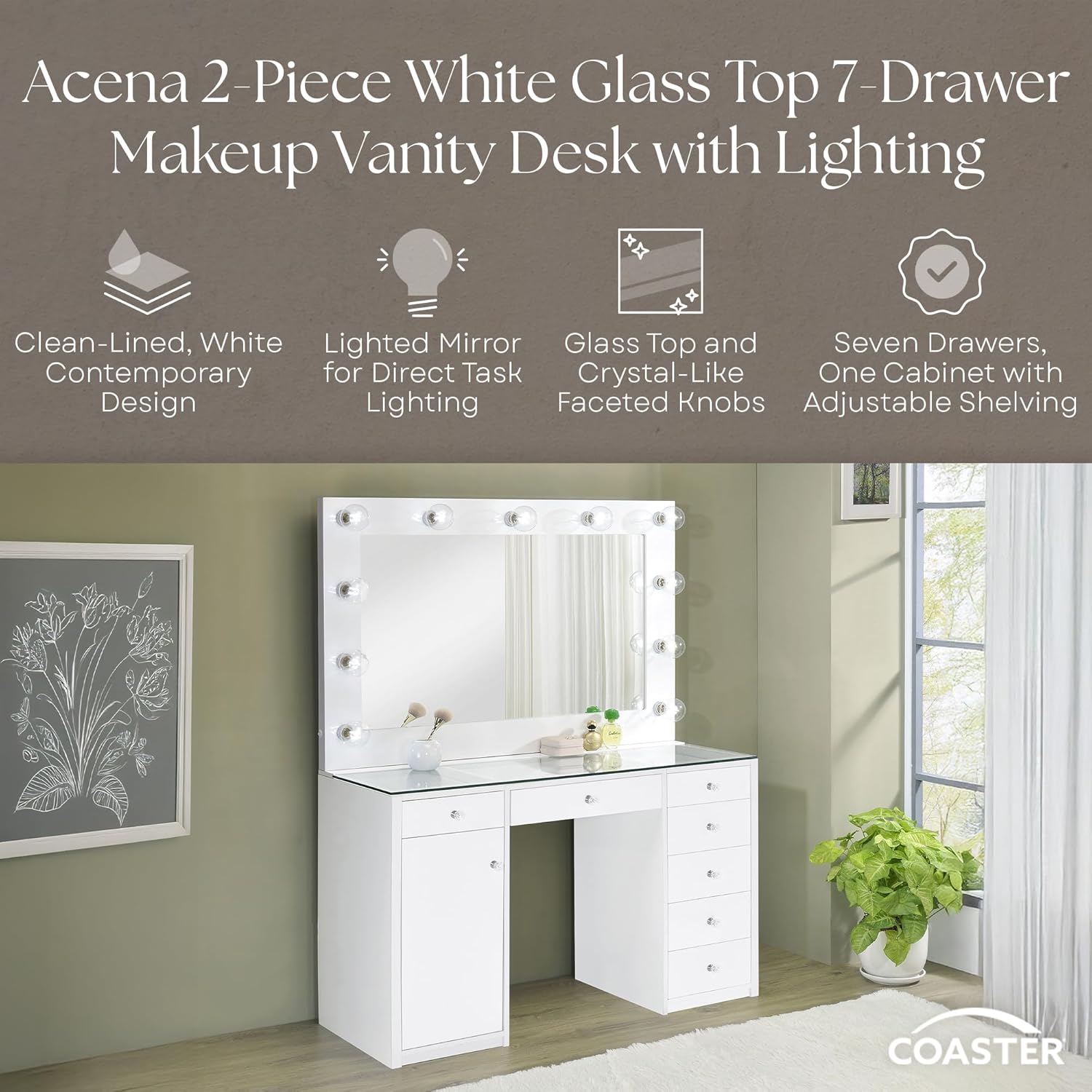 Coaster Home Furnishings Acena Contemporary 2-Piece 7-Drawer Makeup Vanity Desk for Bedroom with Hollywood Vanity Mirror with Storage Cabinet White High Gloss 931143