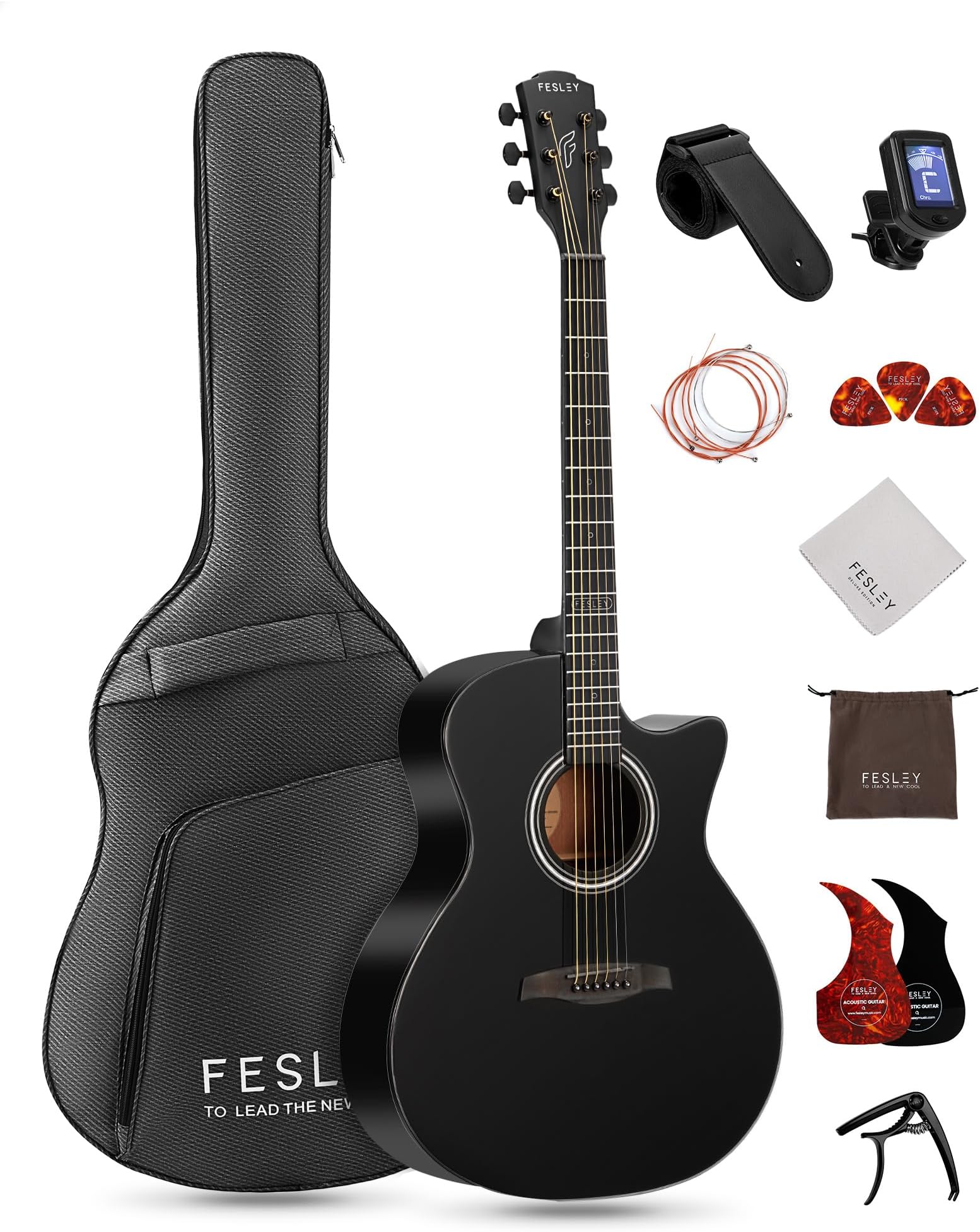 FesleyPortable Acoustic Guitar Kit: 41" 6 String Acoustic Guitar for Beginner, Classical Guitar with Guitar Accessories, Including Picks, Digital Tuner, Gig Bag, Strap, Steel Strings, Capo (FF60C)
