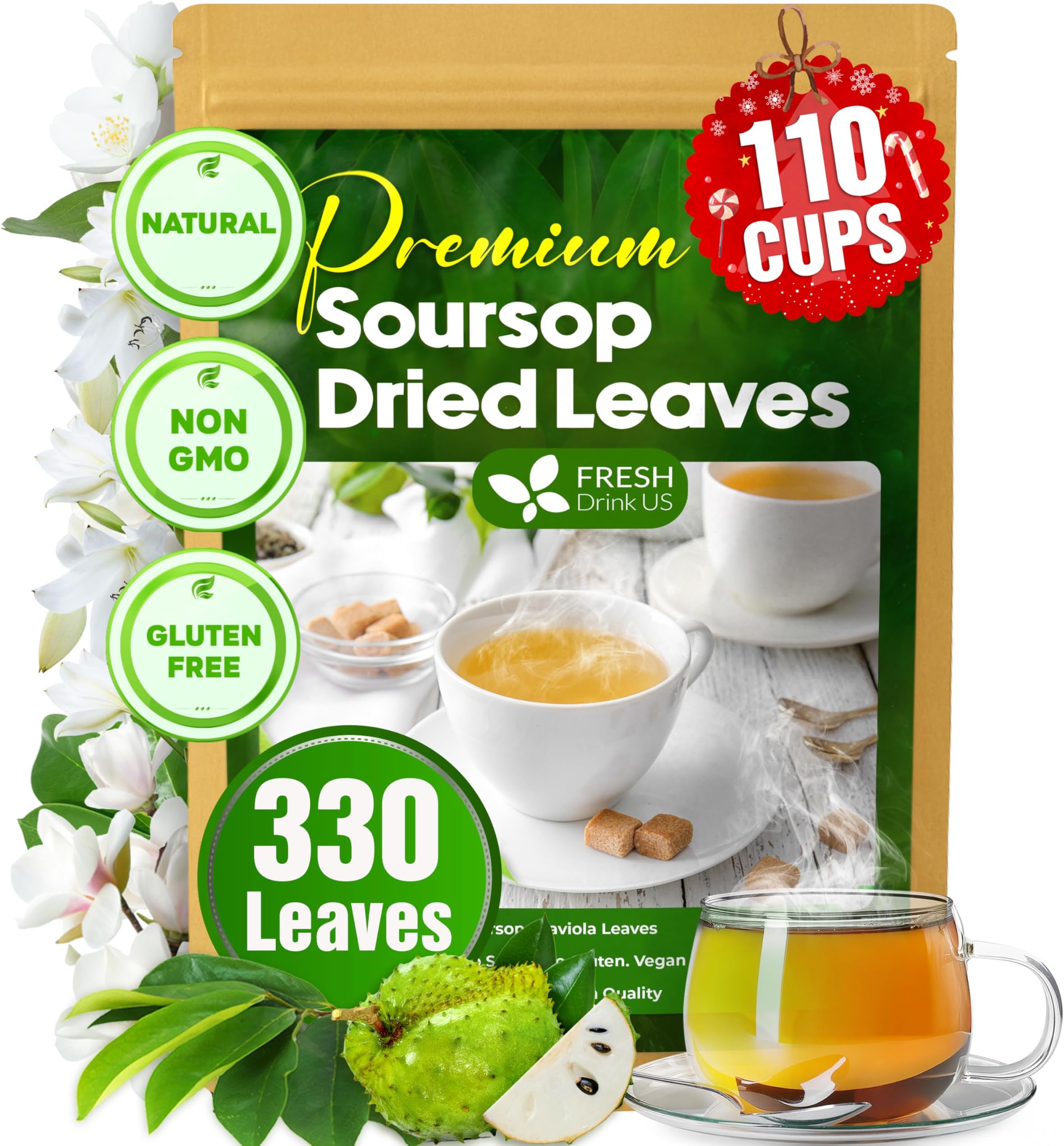FreshDrinkUS, 330-350 Premium Soursop Dried Leaves Tea, 115 Cups, Hojas De Guanabana Whole Leaves, Wildcrafted, Graviola, Soursop, Guanabana Tea, Loose Leaf Herbal Tea, Gluten/Sugar/Caffeine Free