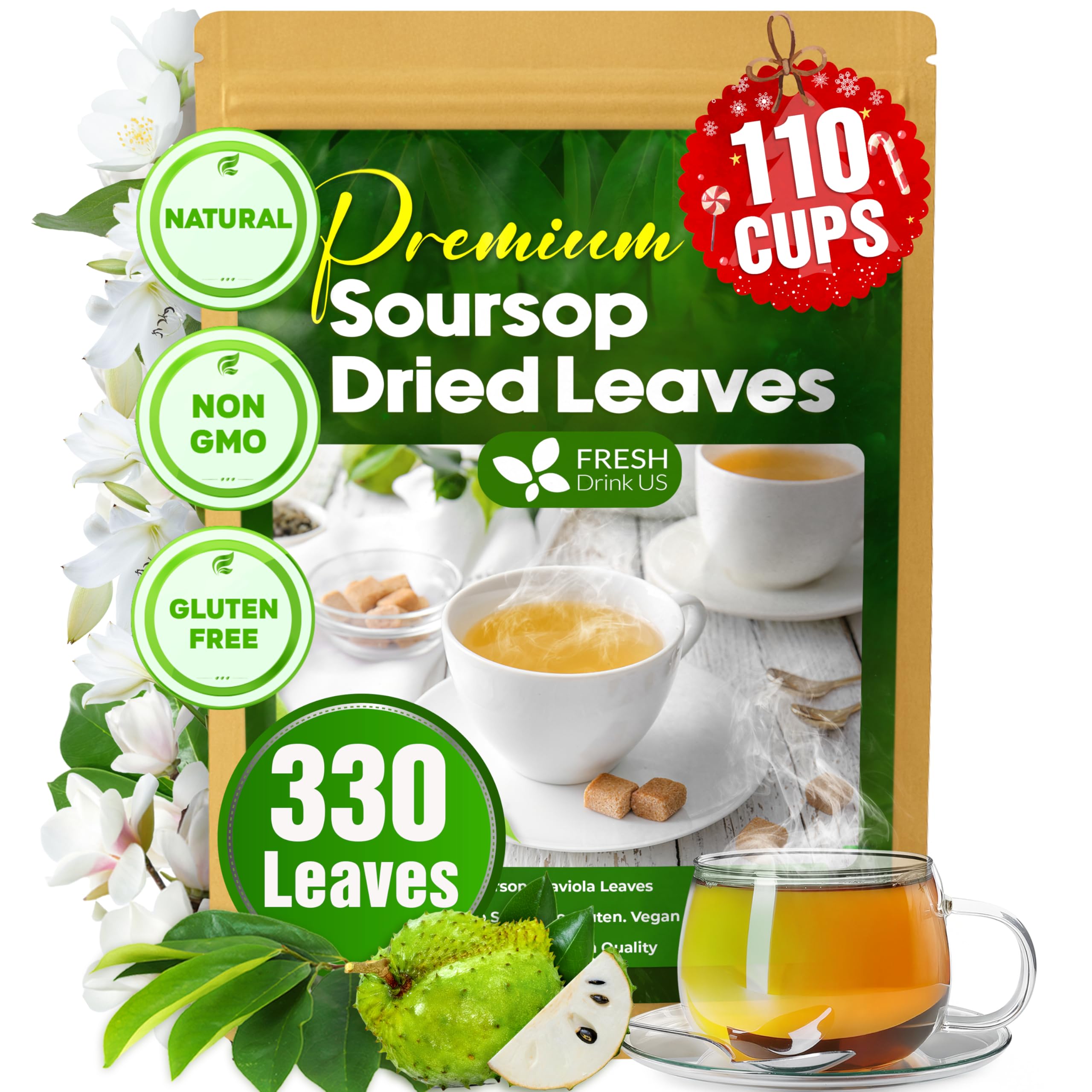 FreshDrinkUS, 330-350 Premium Soursop Dried Leaves Tea, 115 Cups, Hojas De Guanabana Whole Leaves, Wildcrafted, Graviola, Soursop, Guanabana Tea, Loose Leaf Herbal Tea, Gluten/Sugar/Caffeine Free