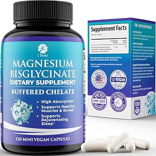 1 Body Magnesium Bisglycinate Supplement, 44 mg Pure Chelated Formula, 120 Capsules, Maximum Absorption, Muscle Cramp Relief