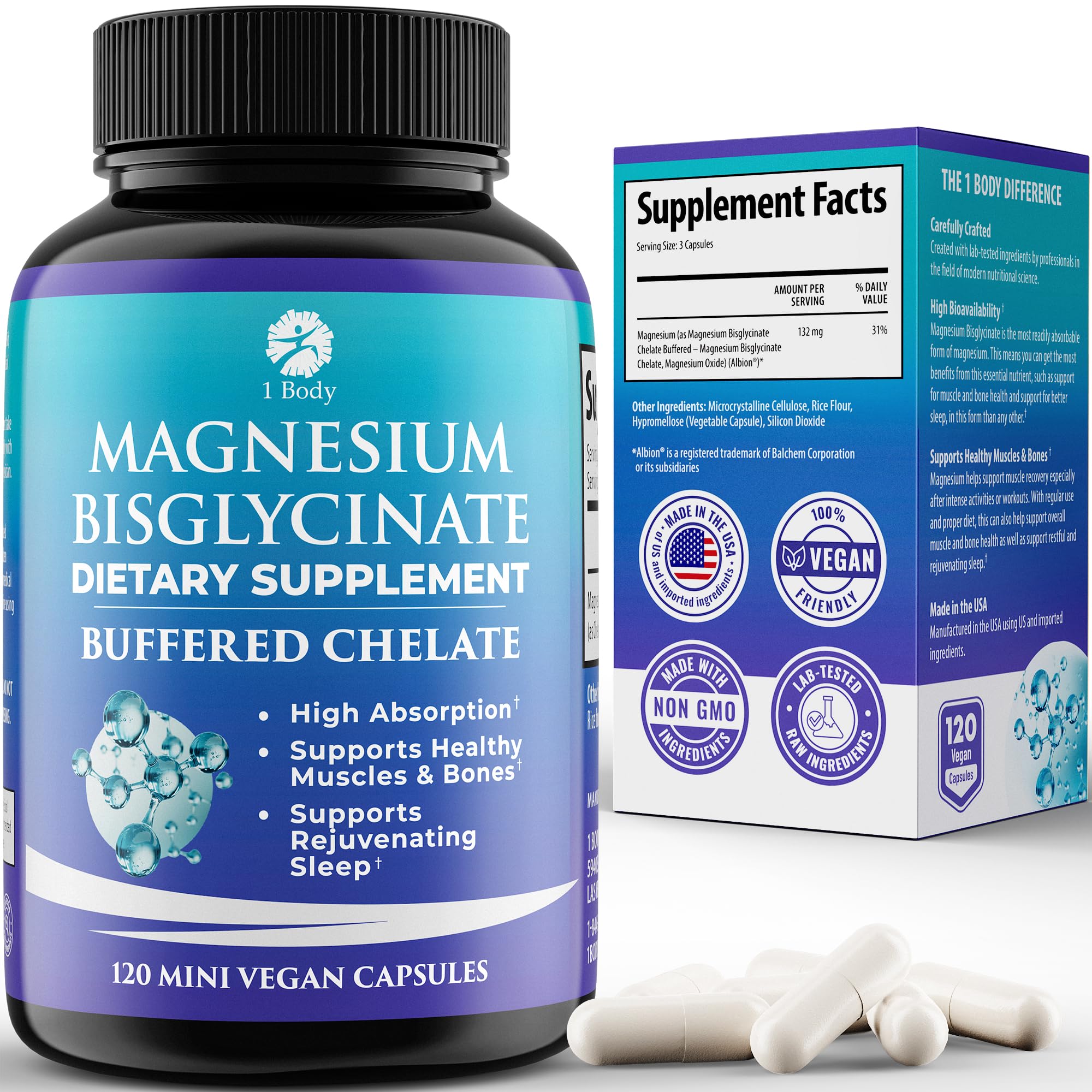 1 Body Magnesium Bisglycinate Capsules - 44mg Pure Chelate Magnesium Supplement for Sleep Support, Muscle Cramps & Relaxation - High Absorption Formula Gentle on Stomach - 120 Count