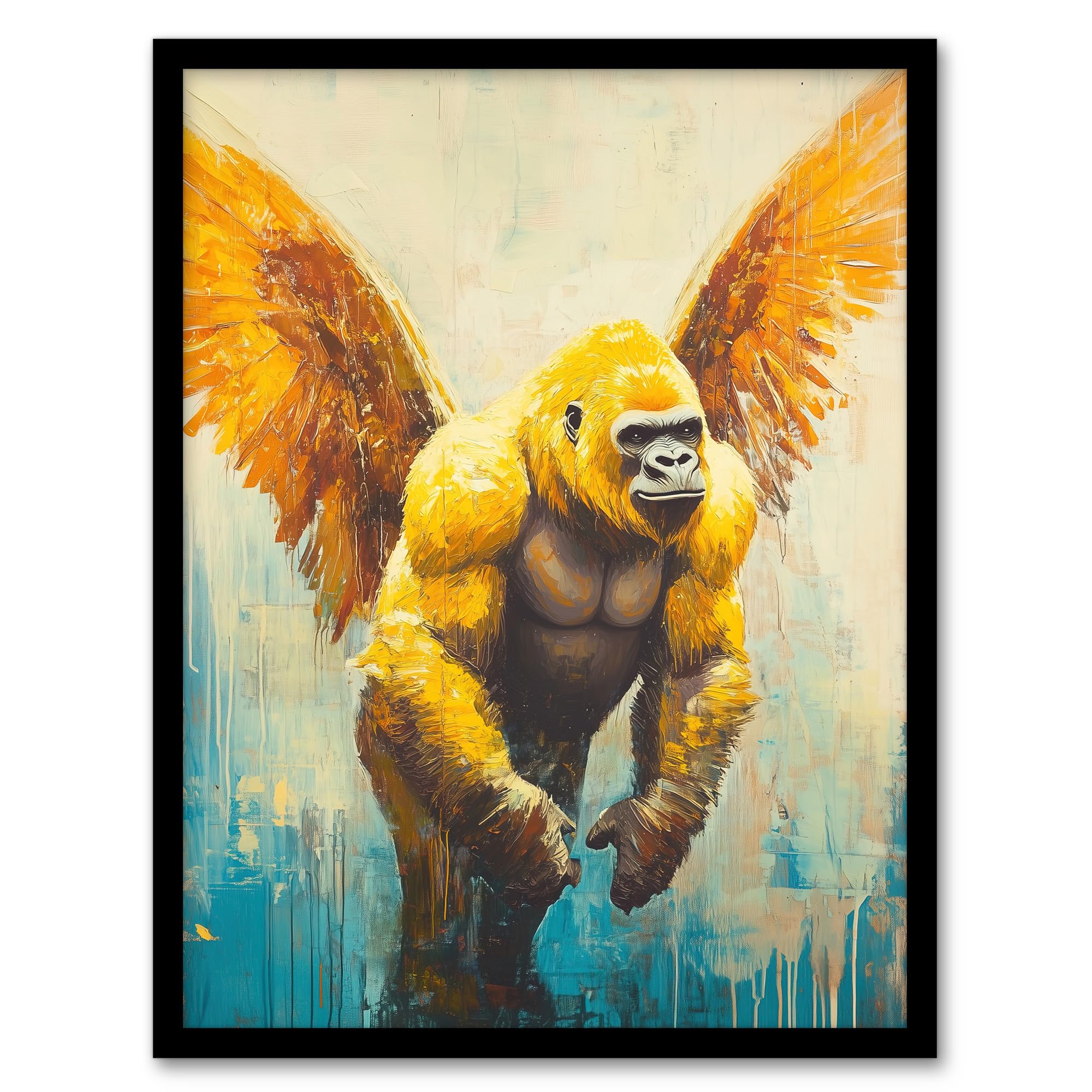 Artery8 Golden Yellow Gorilla Angel Wings Oil Painting Living Room Artwork Framed Wall Art Print 18X24 Inch