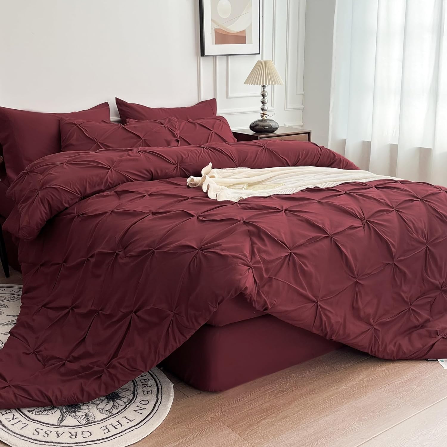 Maple&Stone Burgundy Comforter Set Queen, 7 Pieces Bed in a Bag Queen, Pintuck Bedding Sets with Comforter, Sheets, Pillowcases & Shams - Burgundy - Image 6