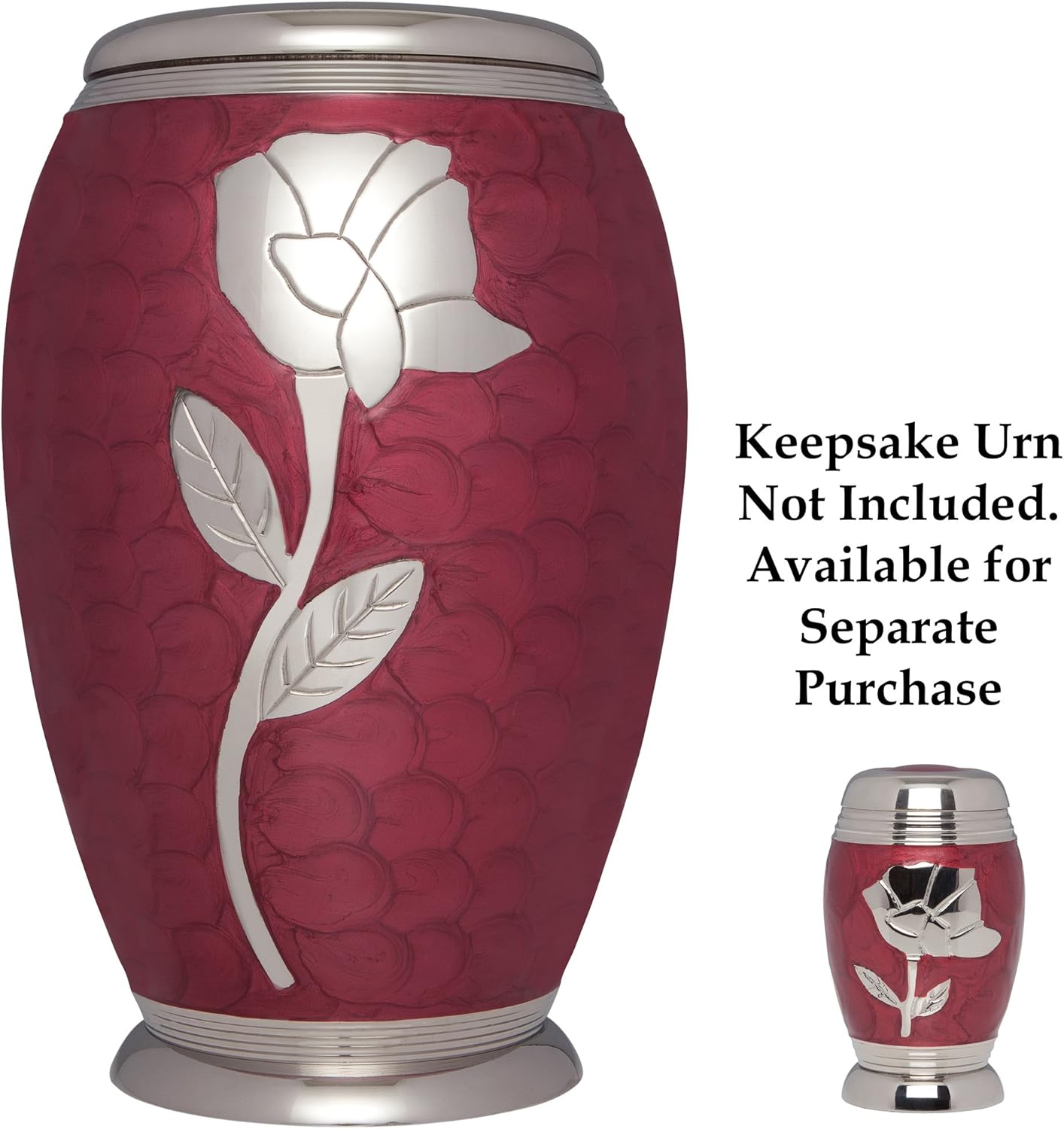 Red Rose Funeral Urn by Liliane - Cremation Urn for Human Ashes - Adult Size - Hand Made in Brass - Display Urn at Home or in Niche at Columbarium - Talia Model (Enamel with Silver Flower)