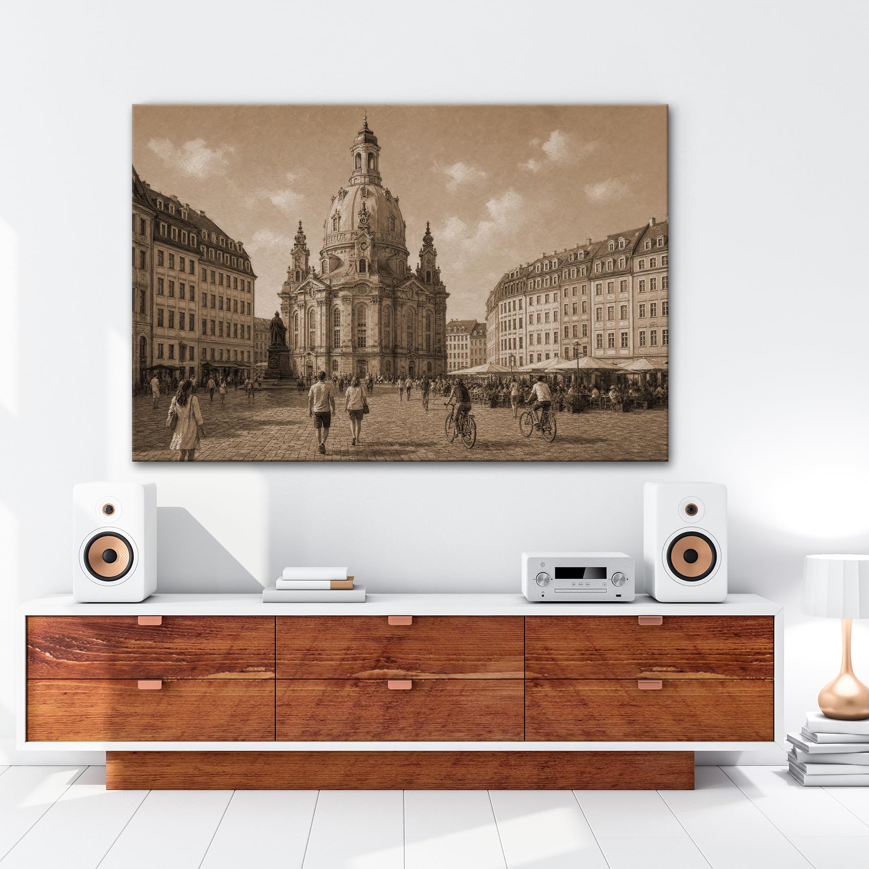 deyoli Obraz na płótnie Ludzie przed historycznym kościołem Marii Panny 70x50cm Sepia