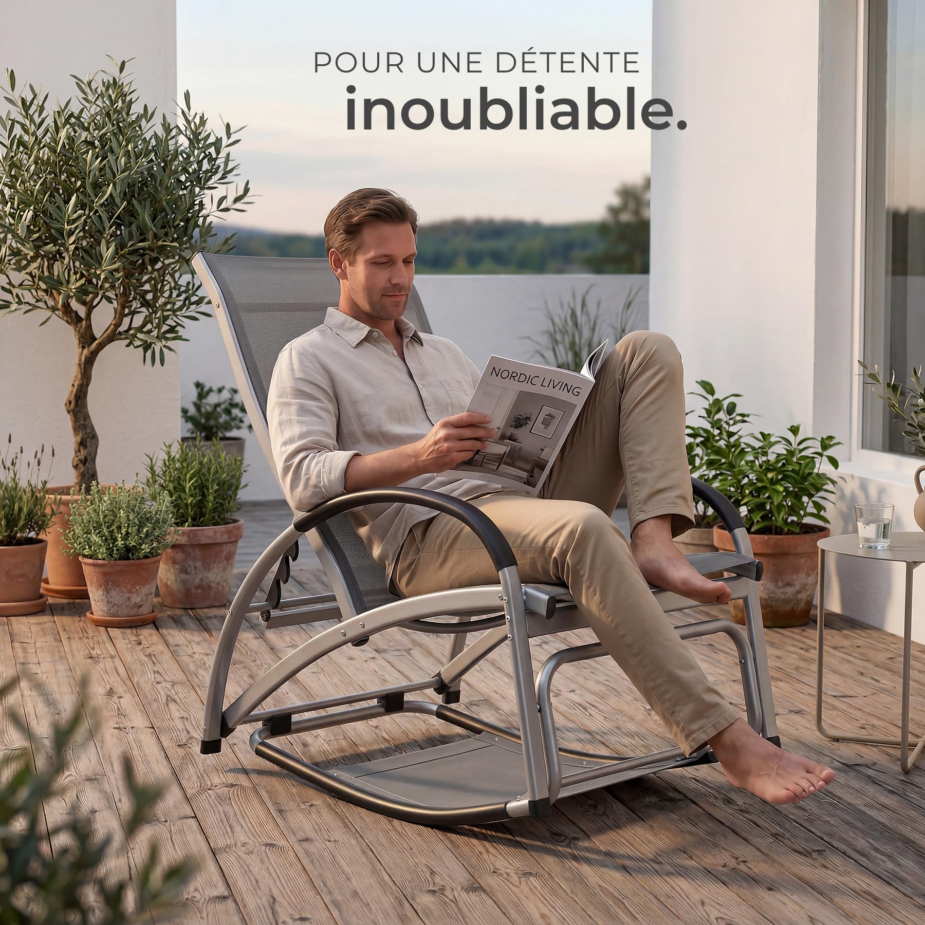 tectake® Chaise Longue inclinable 2en1 avec Repose Pied & Fonction de Bascule, Bain de Soleil en textilène Respirant, Transat Jardin Exterieur Relax Camping Salon de Jardin Exterieur
