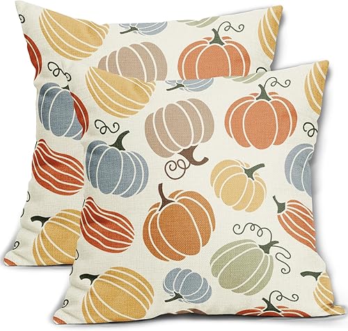 Juego de 2 fundas de almohada de otoño de 18 x 18 pulgadas, con temática de Acción de Gracias, azul, amarillo, naranja, calabaza, decorativas, para
