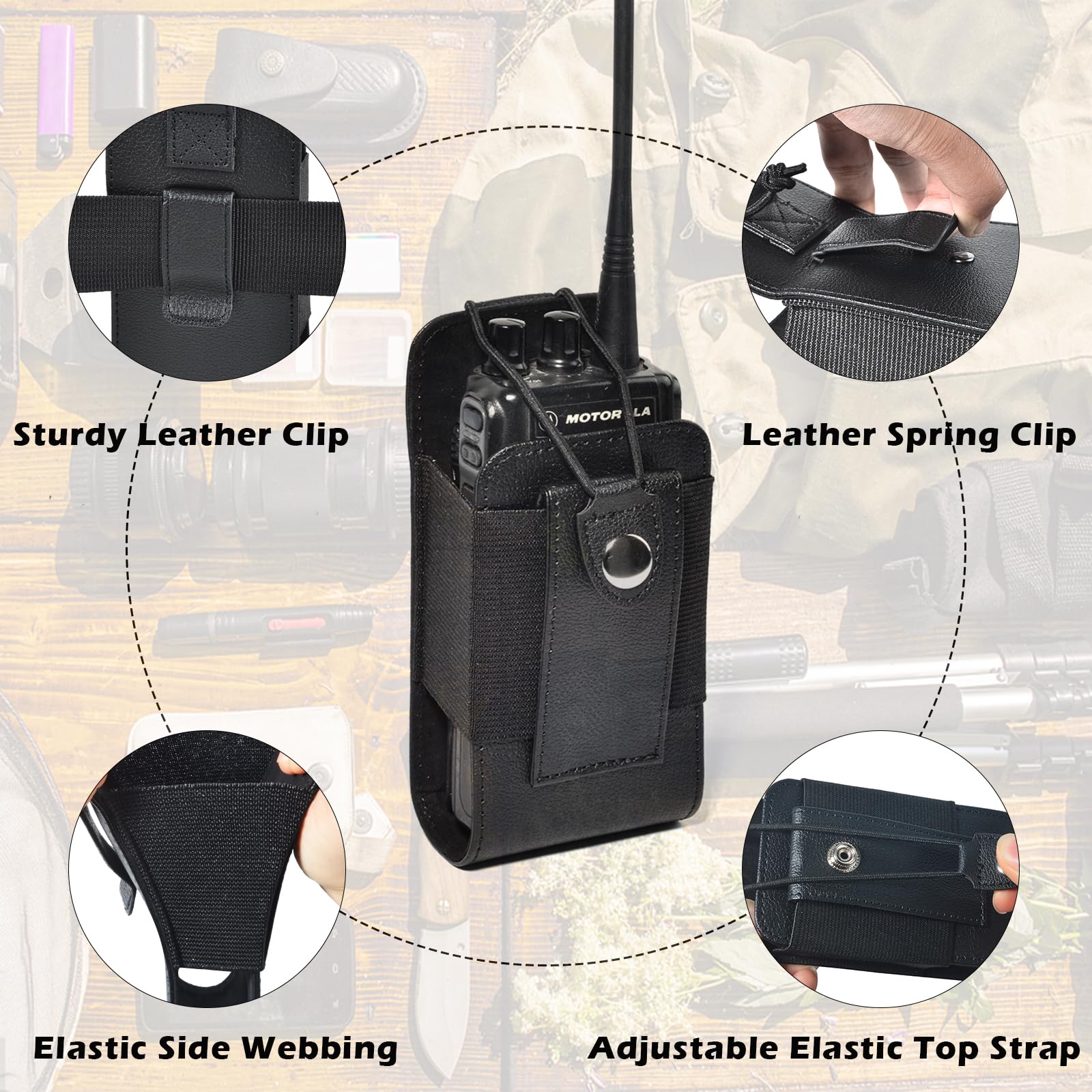 UAYESOK Walkie Talkie Pouch Case Porta Radio Tattico in Pelle, Custodia per Cinturone, Gilet MOLLE Regolabile Polizia Compatibile con Motorola DP1400, DP4400, Baofeng, Hytera, Kenwood