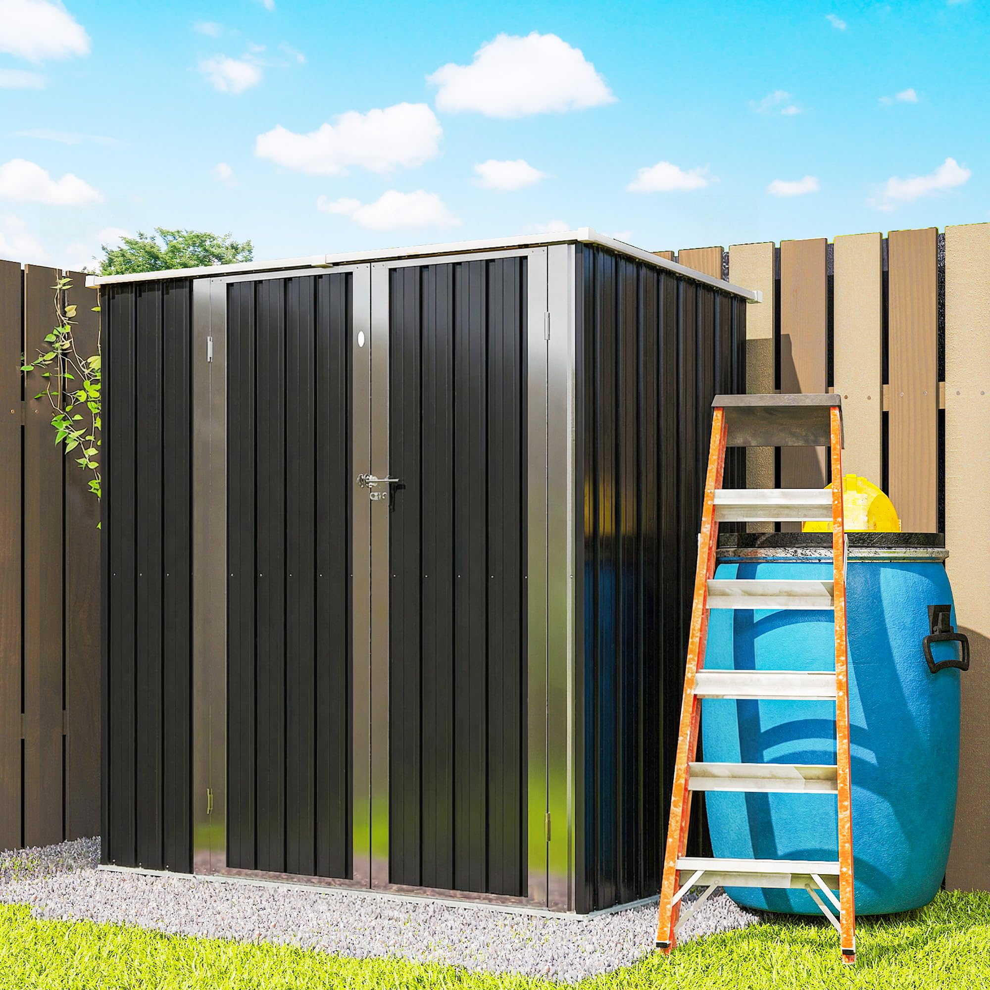 Outsunny Caseta de Jardín Exterior 1,37 m², 163x89x163 cm, Cobertizo de Jardín Exterior Metálico con Techo Inclinado, Puertas con Pestillo y Guantes para Almacenamiento de Herramientas, Gris Oscuro — view 9