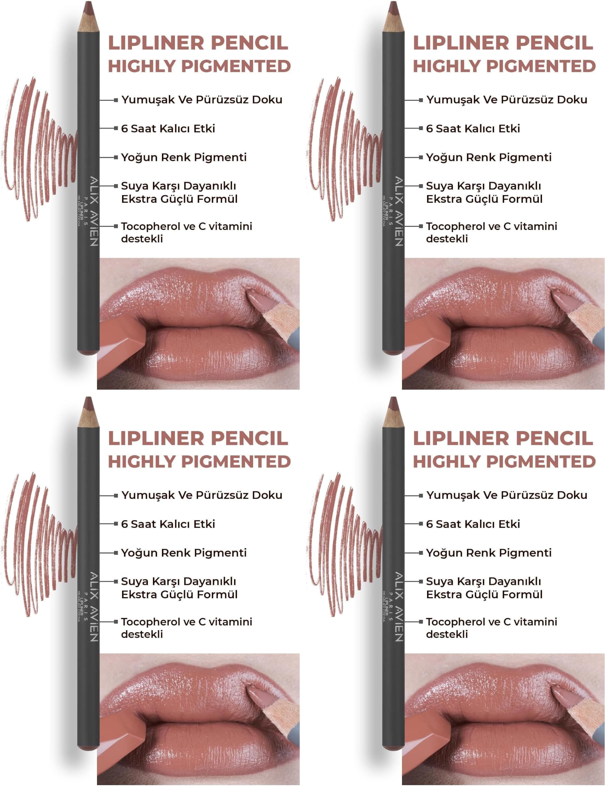 ALIX AVIEN Uzun Süre Kalıcı Dağılma Yapmayan Nemlendirici Dudak Kalemi - Lipliner Pencil 05 Milky Cocoa (4 paketi)