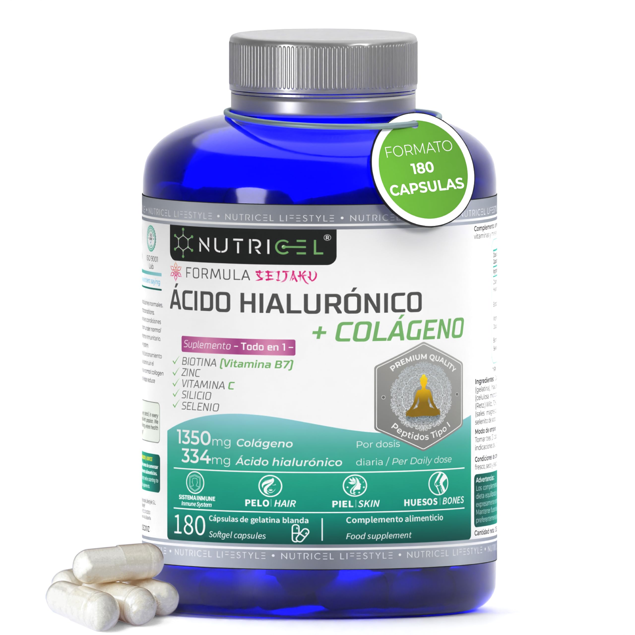 Colágeno hidrolizado puro + Ácido hialurónico – 180 cápsulas – enriquecido con biotina, selenio, zinc, extracto de bambú y vitamina C natural – colageno – dosis alta de 1350mg (3 meses)