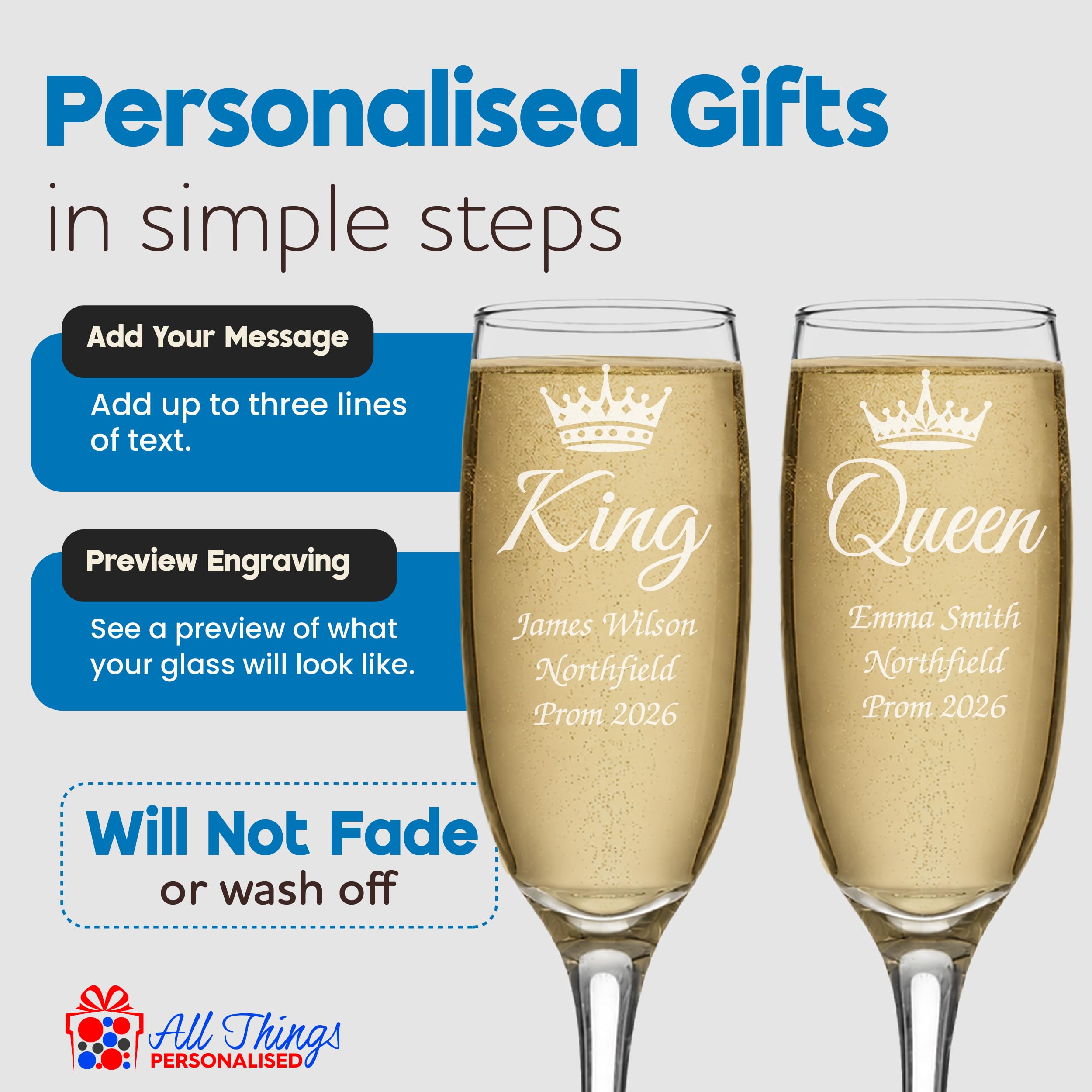 Copas de champán para fiesta de graduación King y Queen, flautas grabadas personalizadas con diseño de corona, regalo de recuerdo de premio de noche de graduación, 210 ml, caja de regalo, juego de dos