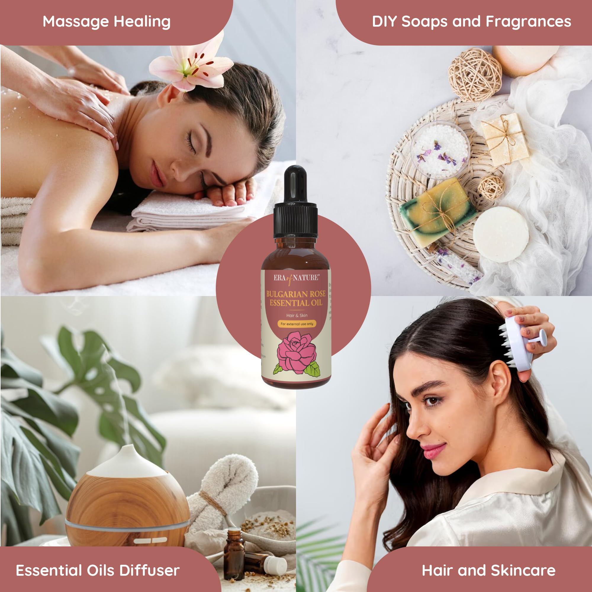 Era of Nature Bulgarian Rose Essential Oil - 100% Pure Rose Oil for Skincare, Hair, Diffusers & DIY Projects. Rich, Skin Care Body Oil, Face Oil and Stretch Marks Removal Cleanser, Perfume Oil - 1oz