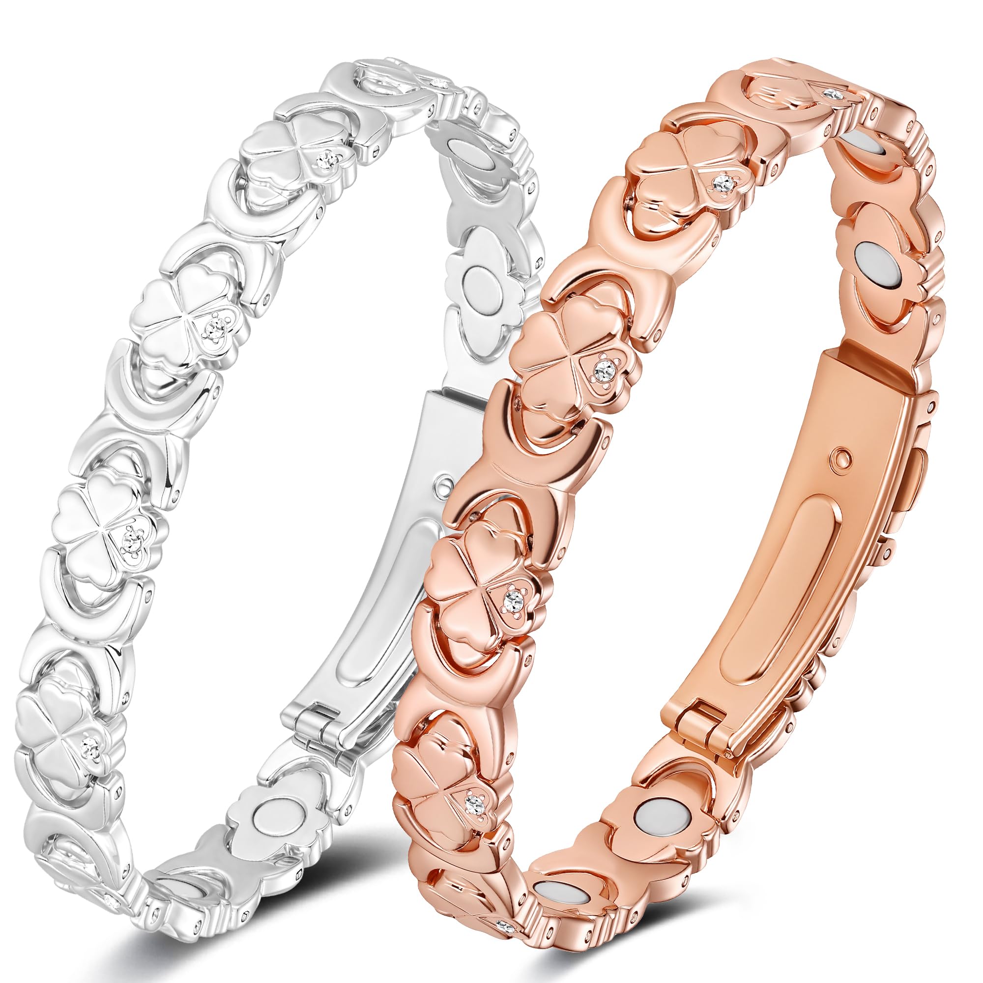 Jeracol 2PCS Kupferarmband Damen,gefertigt aus 99% reinem Kupfer, mit eingelegten Neodym-Magneten und funkelnden Zirkonia-Steinen, verstellbares Magnetarmband