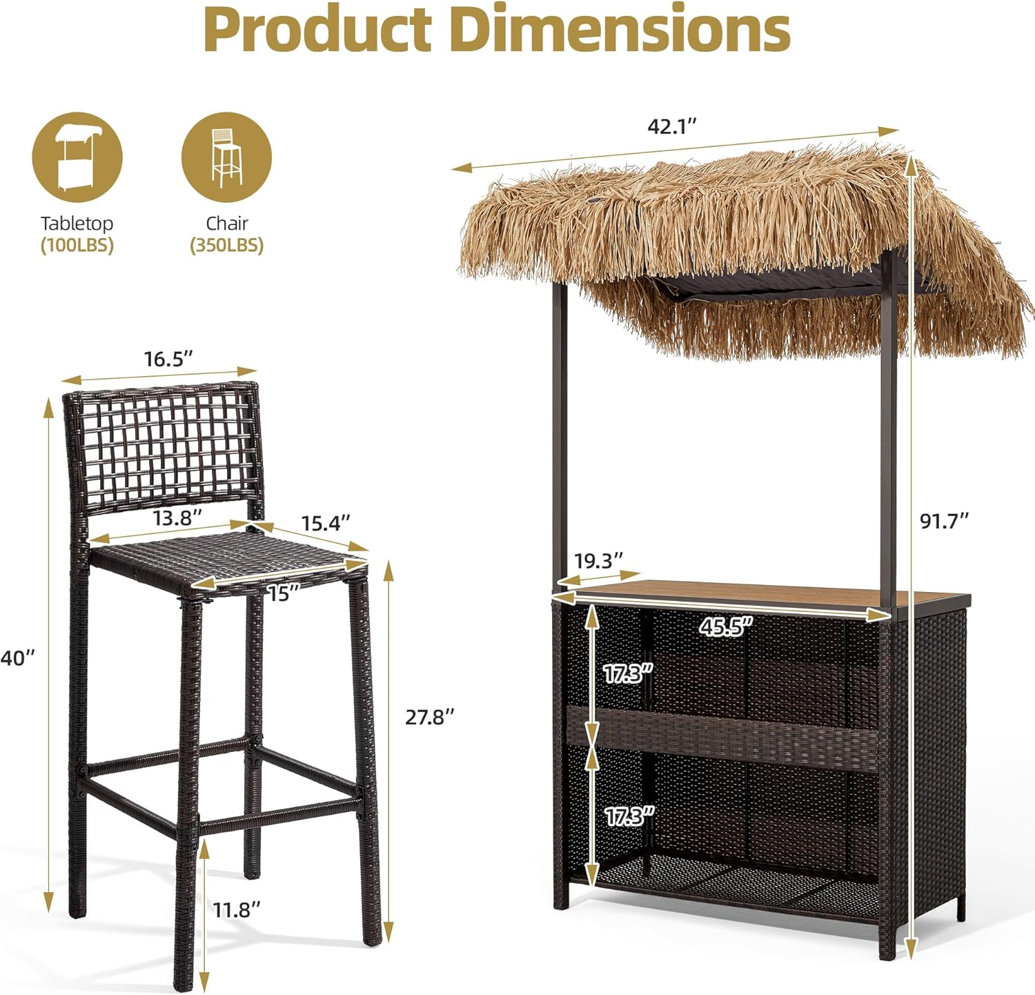 Outdoor Tiki Bar Set, 3 Pieces All-Weather Wicker Patio Bar Set with 2 Height Stools and Storage, Outdoor Bar Set for Outside Patio, Garden, Backyard, Brown