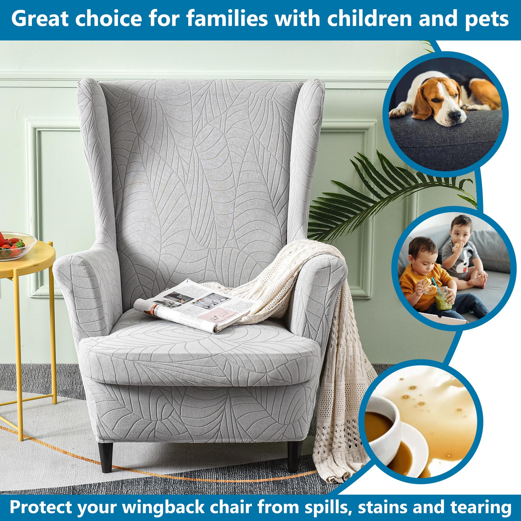 HZDHCLH Wingback Chair Covers 2 Piece With Arms Fashionable Elastic Sofa Protective Chair Cover Furniture Protection Chair Cover Suitable For Armchair Living Room Bedroom Hotel (Light grey jacquard) - Image 3
