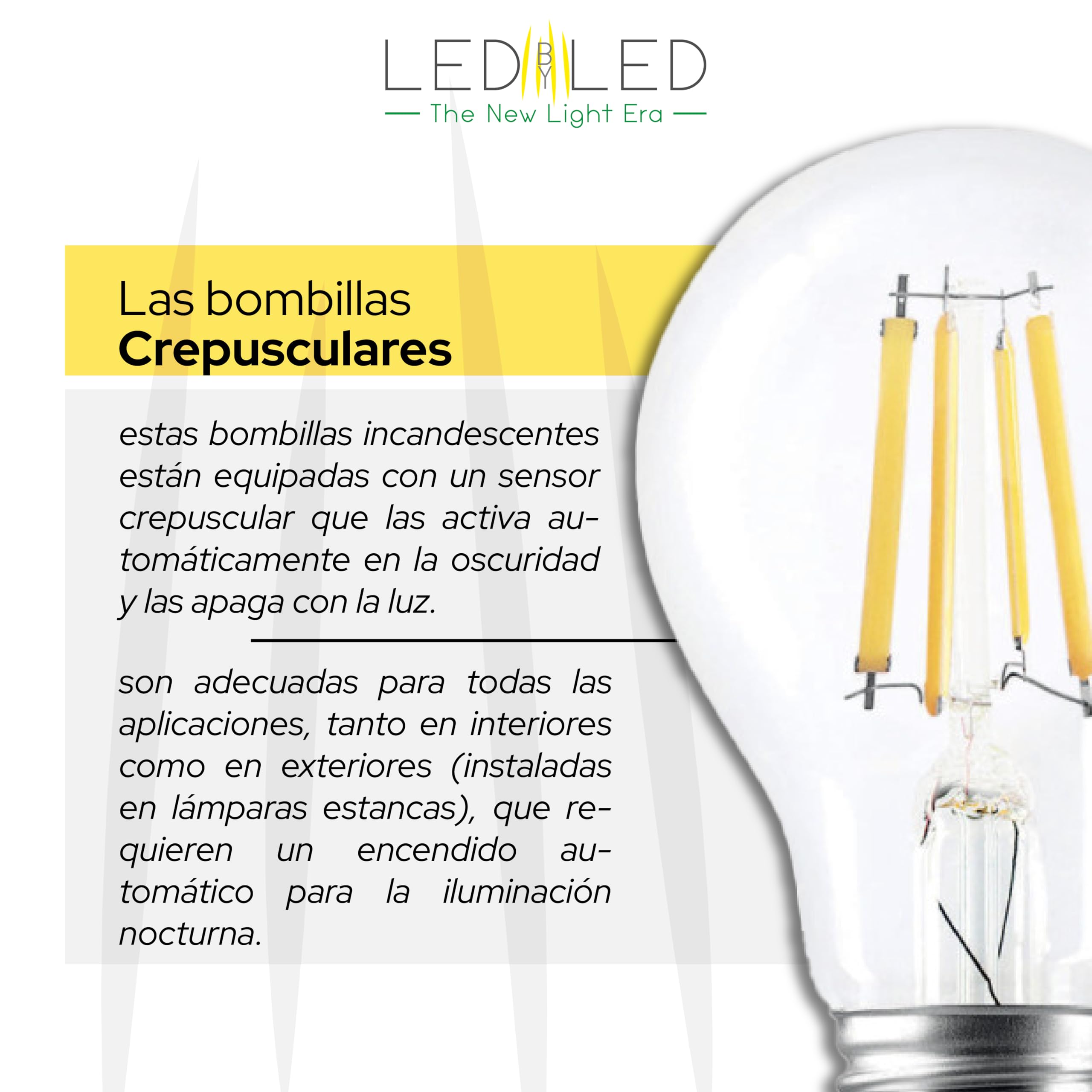 Bombilla Smart Goccia A60 7W, E27, vidrio transparente, sensor crepuscular, 2700K luz cálida, filamento LED recto, 806 lúmenes, paquete de 10 unidades