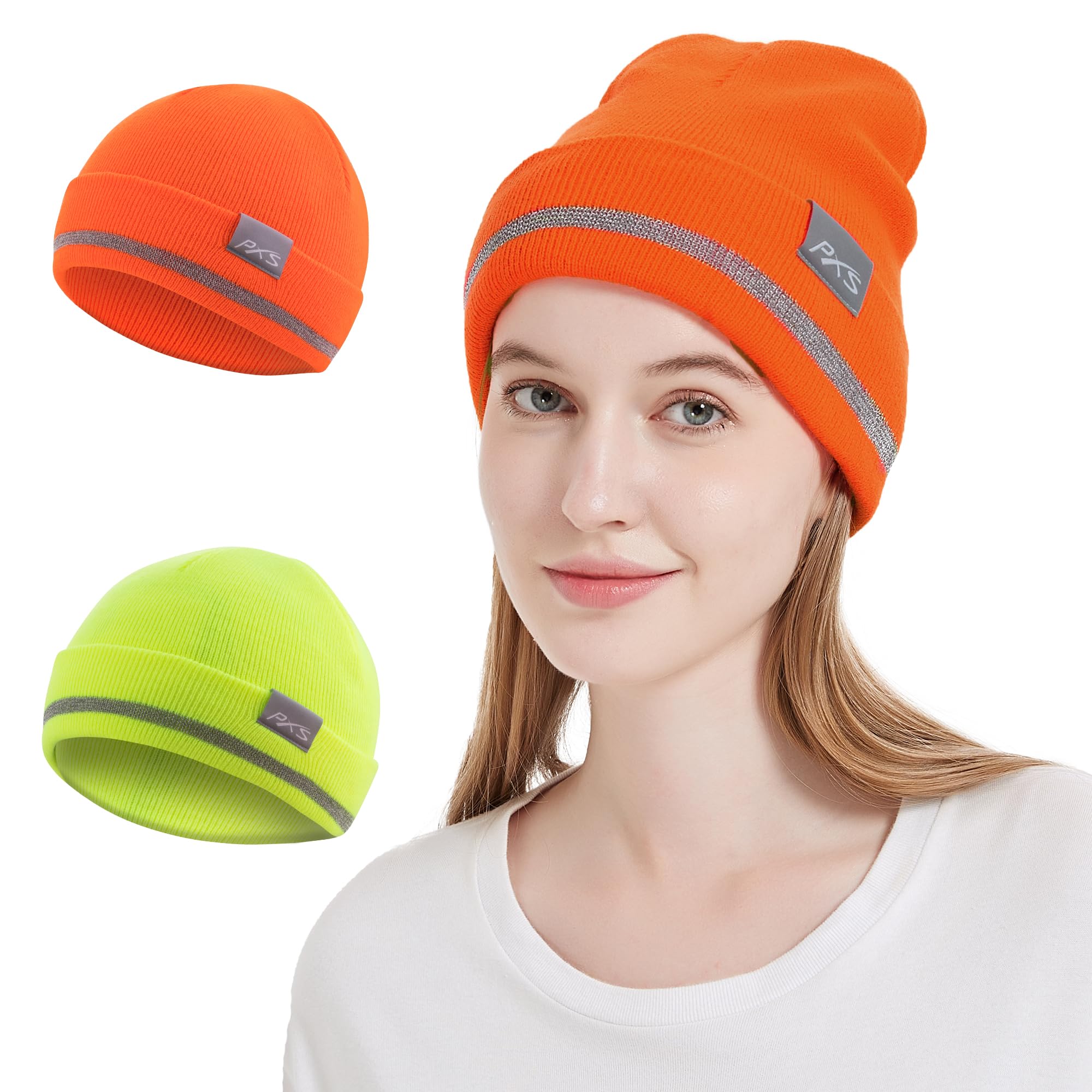 ProtectX 2 Pack Reflective Beanie Hat for Men Women Winter High Visibility Knit Safety Beanie Warm Headwear for Work Runing, Orange & Green