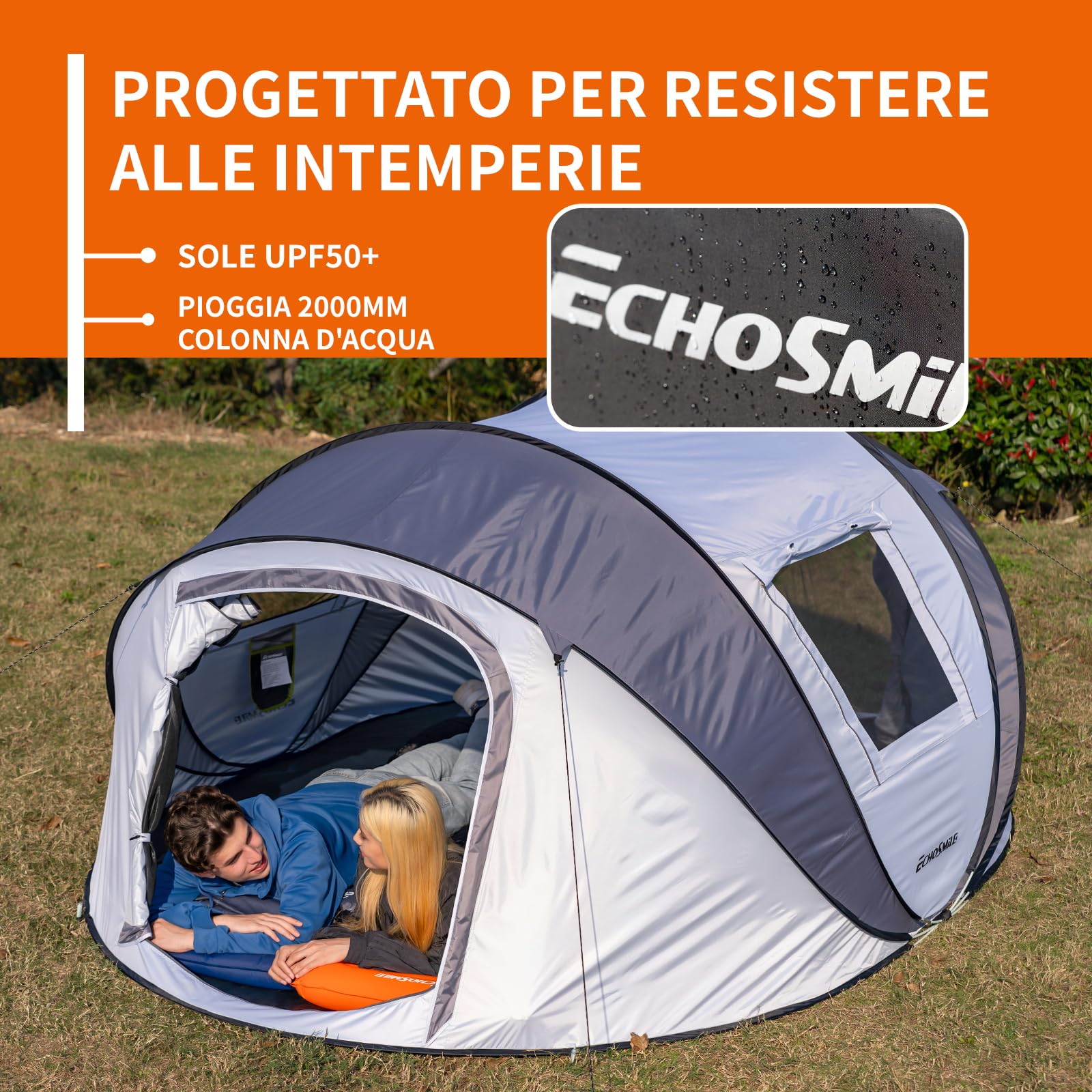 EchoSmile Tenda da Campeggio Istantanea Pop Up 5-8 Posti, Tenda Familiare Ultraleggera Portatile, Antivento e Impermeabile per Picnic, Trekking e Attività All'aperto, Bianco Grigio