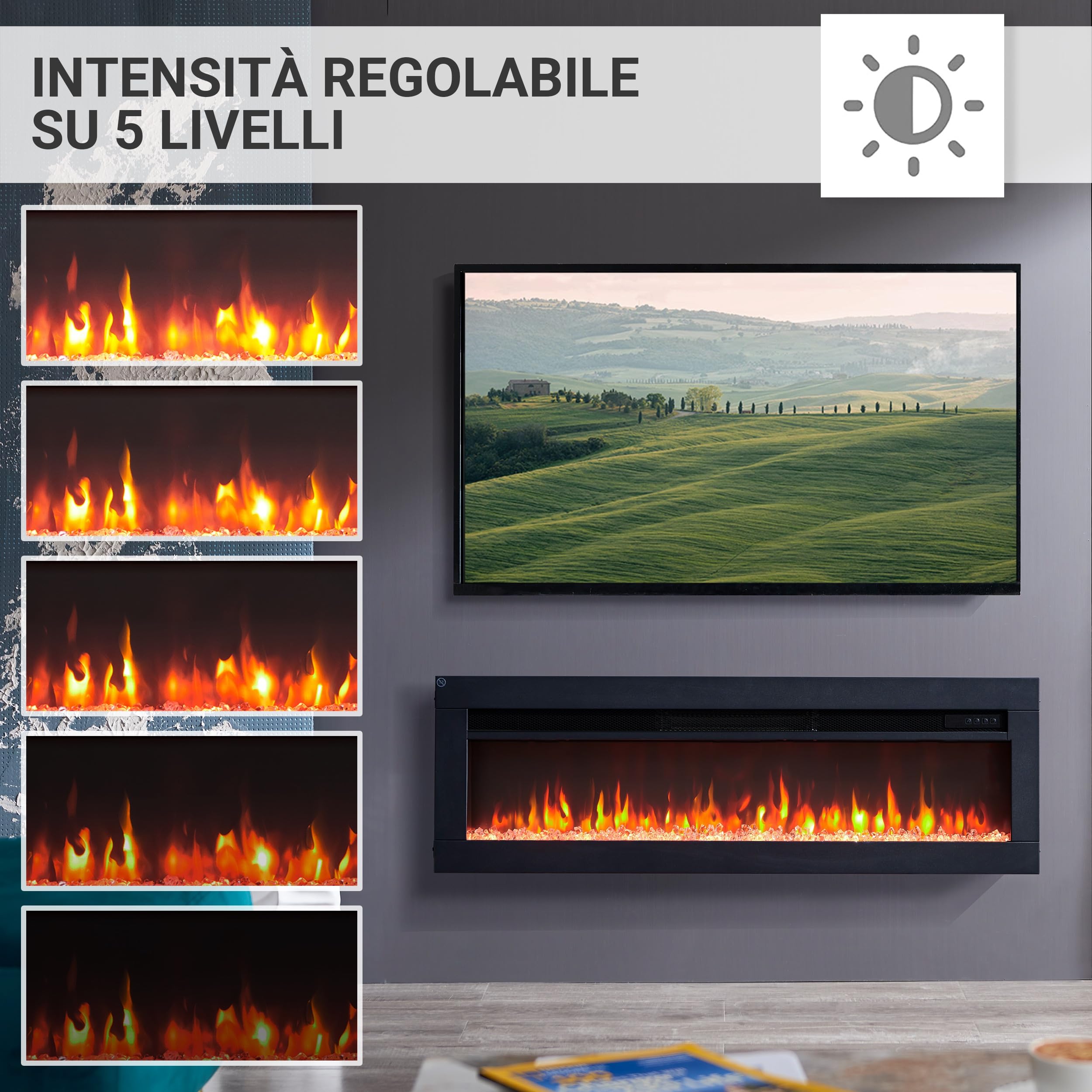 BALDERIA camino elettrico Agnes 40" | Camino da incasso con una potenza termica di 2000 W | Effetto fiamma 3D | Camino a inserto con telecomando, timer, termostato | Nero