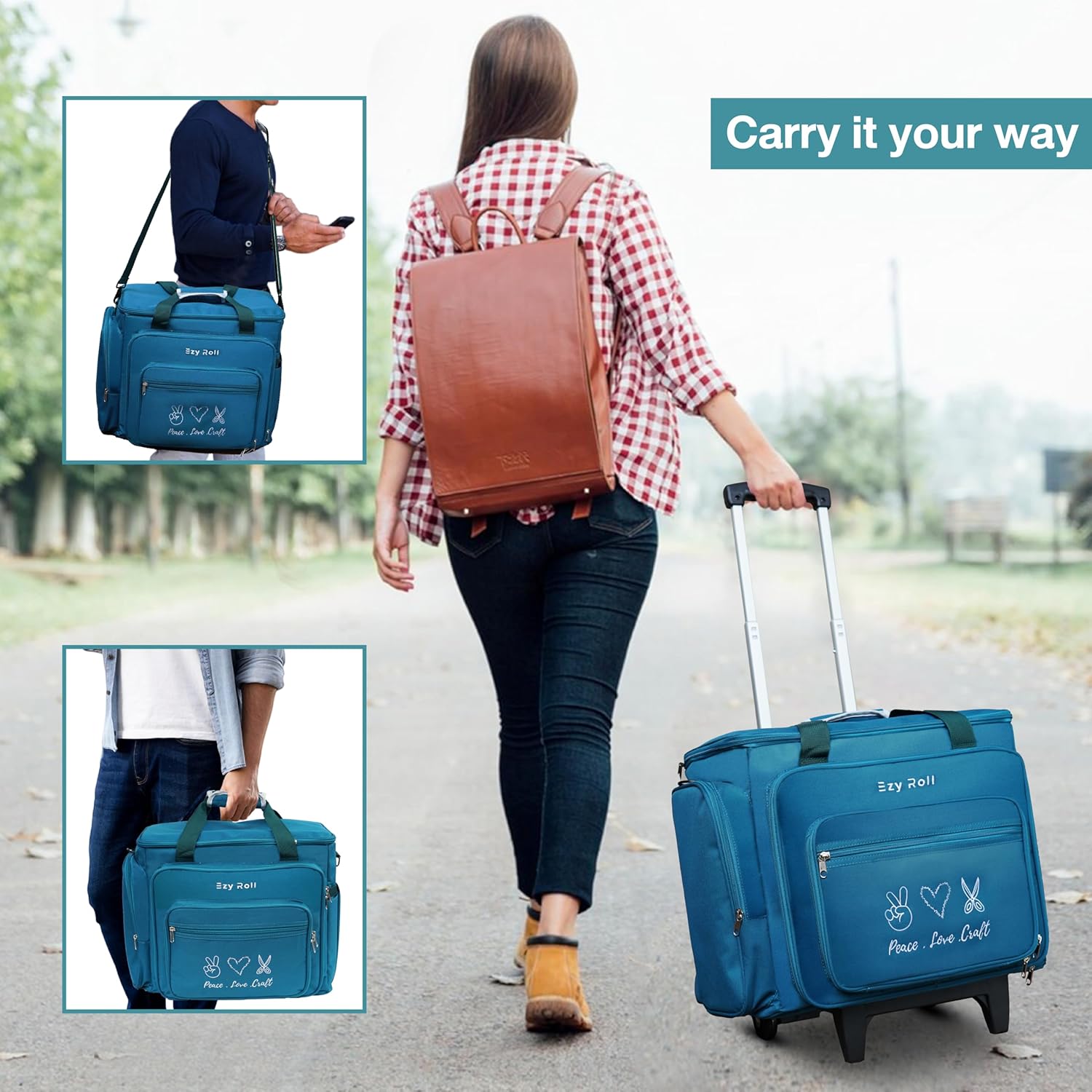 Rolling Teacher Bag with Wheels - Large Tote for Work with Detachable Wheels - Rolling Craft Bag & Sewing Machine Case - Water Resistance Craft Storage Organizer - Blue