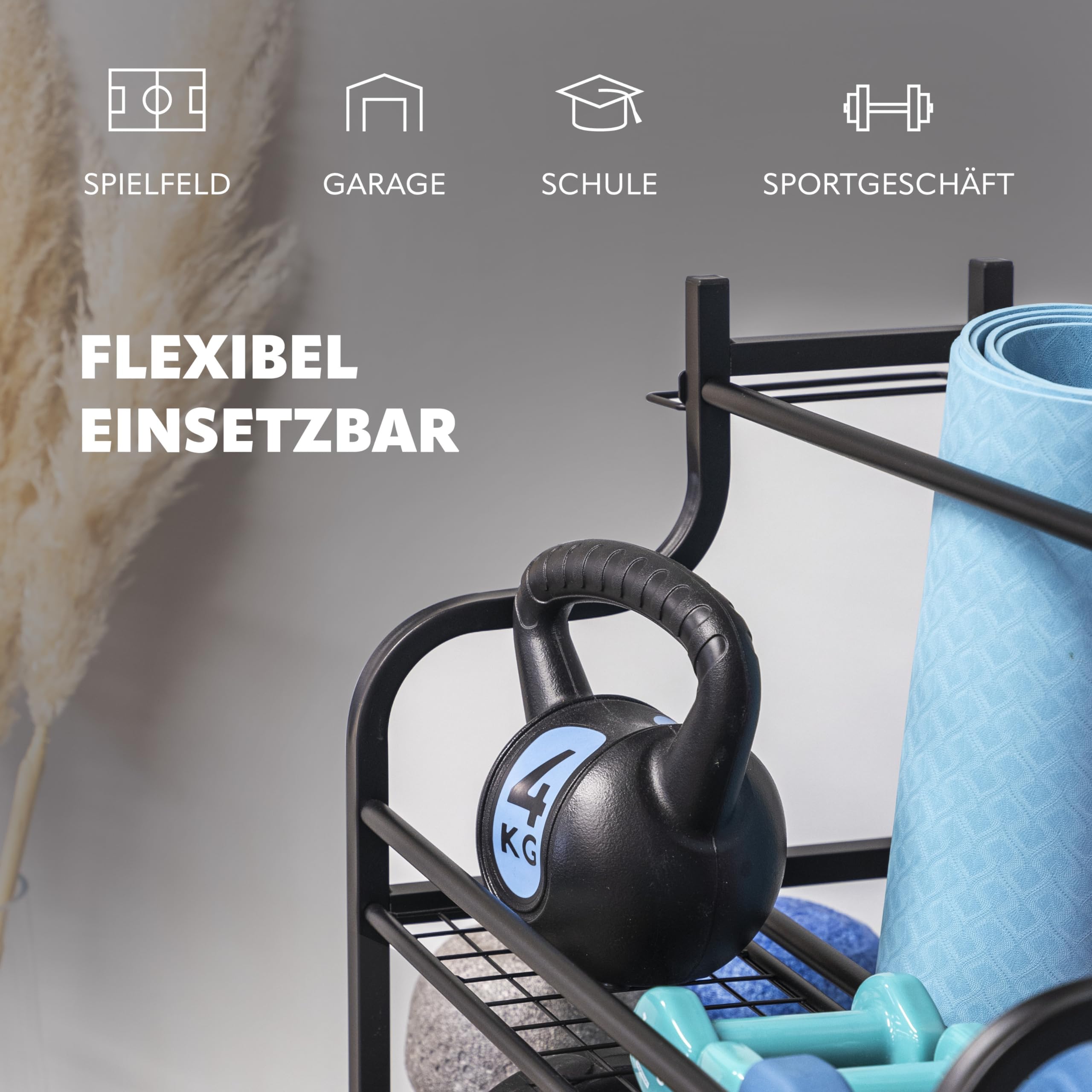eluno Carrello portautensili da yoga con ripiani robusti, molti ganci e cestello laterale per kettlebell, rullo fasciale, manubri e accessori fitness in acciaio nero