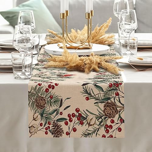 Miniatura 6 de Seliem Camino de mesa de ramas de pino de invierno, cono de pino, cardenal, pájaros rojos, bayas, granja, cocina, decoración de mesa de comedor,