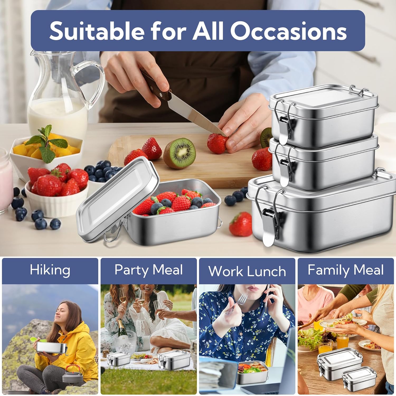 E-far 4 Pieces Stainless Steel Bento Box, Mini 550ml Metal Lunch Box, 18.6oz Leak-Proof Food Snack Container with Lids, Reusable Meal Storage for Camping Picnic Travel Work - Image 5