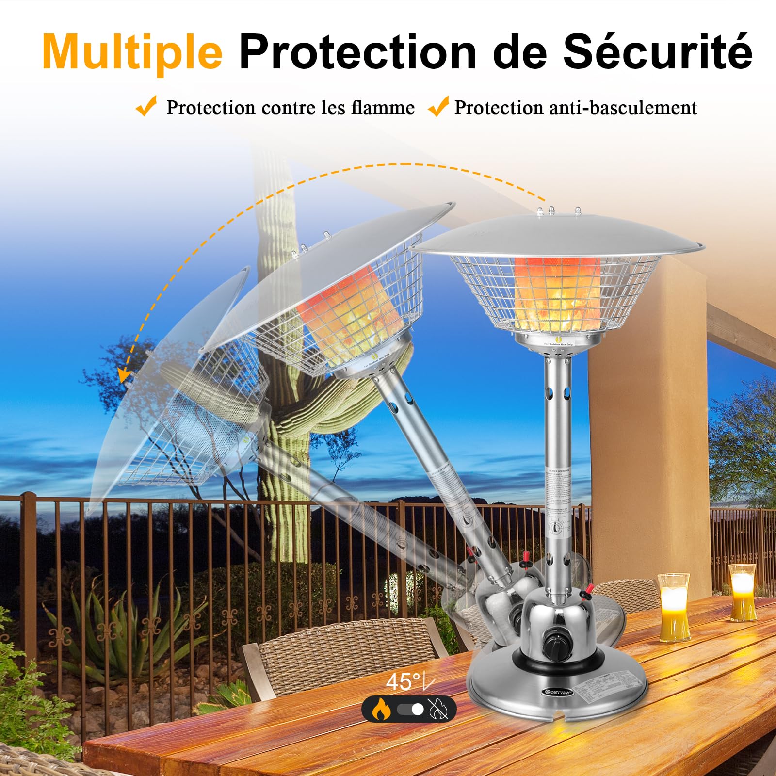 GOPLUS Parasol de Chauffage Extérieur sur Table Portable 4000W Extérieur avec Régulateur Pression et Tuyau de Gaz, Rayon 1,37M 360° Idéal pour Cour, Jardin, Terrasse