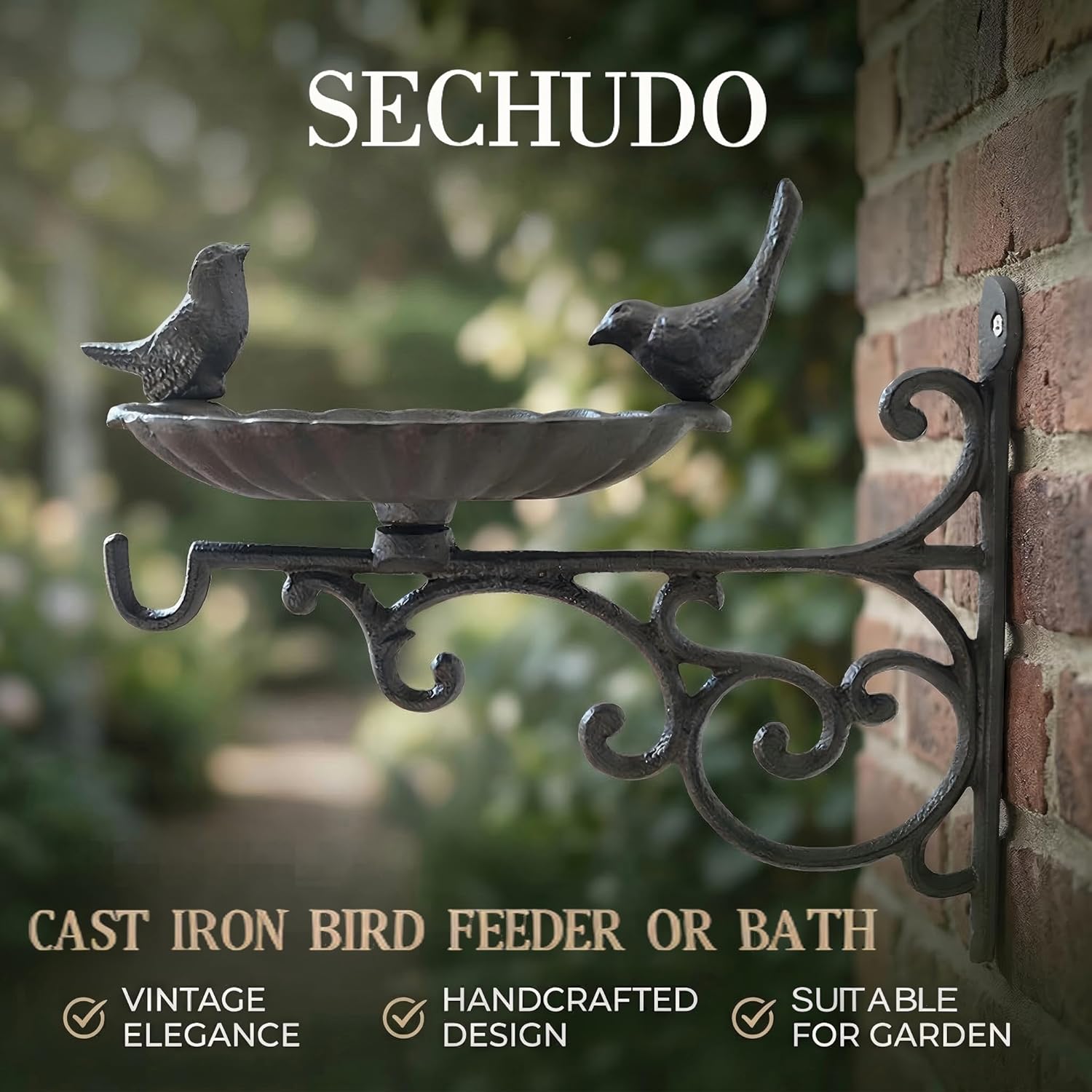 Cast Iron Bird Bath Feeder, Wall Mounted Bird Bath, Black Metal Garden Planter Hanger with Hanging Bracket, Wall Hook for Lanterns, Wind Chimes and More Garden Decorative Items