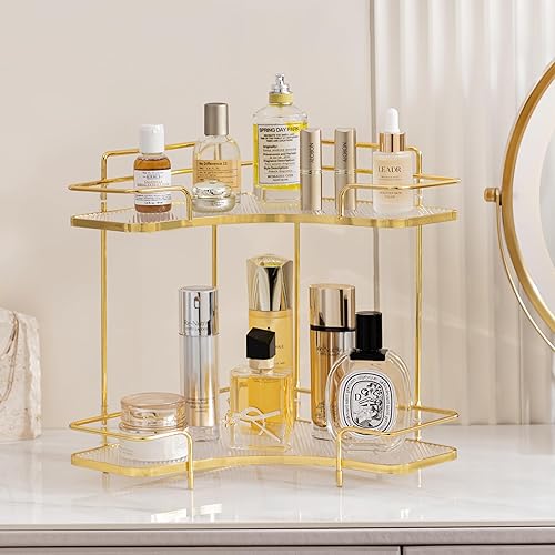 Miniatura 2 de HBlife Organizador de encimera de baño, organizador de maquillaje de esquina de 2 niveles, bandeja de perfume de lujo, organizador de cosméticos,