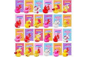 Adorable Valentine's Day Accessory Set for Kids: 24 Gift Cards with Charming Pink Rubber Ducks