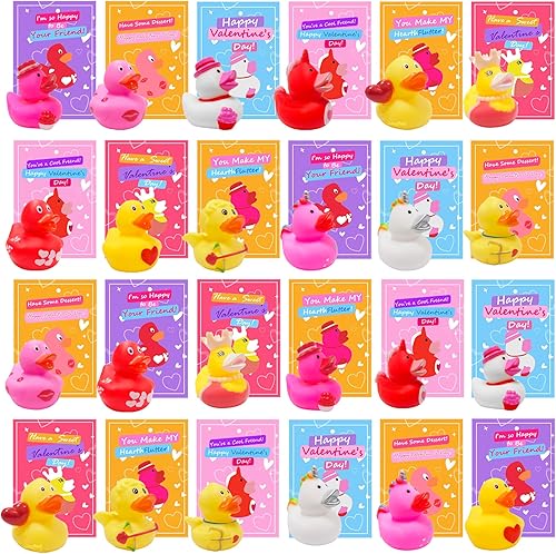 Cherislpy Paquete de 24 tarjetas de regalo para el día de San Valentín con patos de goma rosa para baby showers, accesorios de patos amorosos,