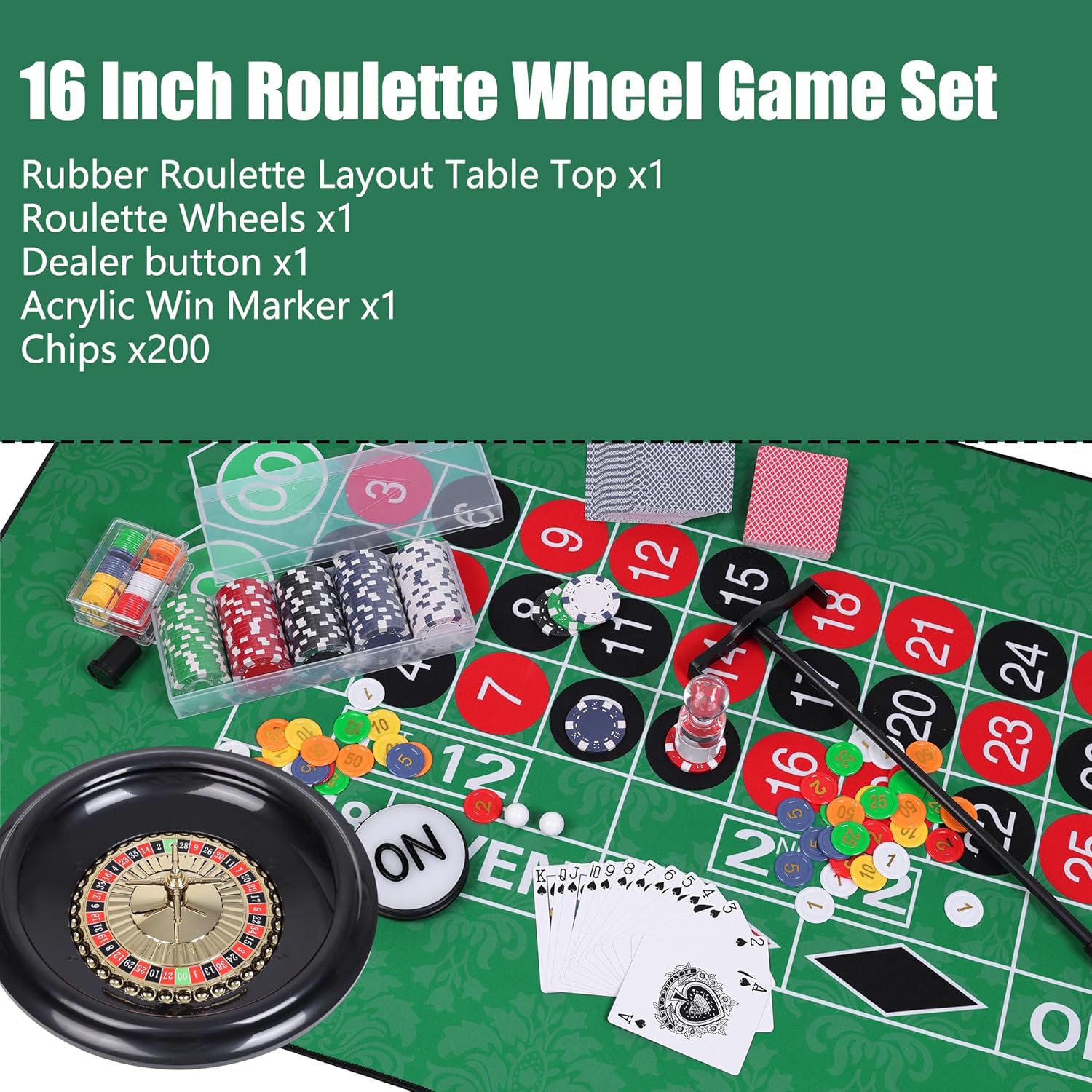 DAYUMKOU Roulette Wheel Set Includes 16'' Roulette Wheel, 200 Casino Chips, Green Roulette Mat, Chip Racks, Dealer Button, Marker Stick, Balls for Casino Game Night Party
