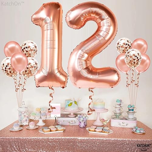 Miniatura 5 de KatchOn, Cartel de feliz cumpleaños número 12, 72 x 44 pulgadas, globos de oro rosa con el número 12, 40 pulgadas, pancarta de oro rosa para