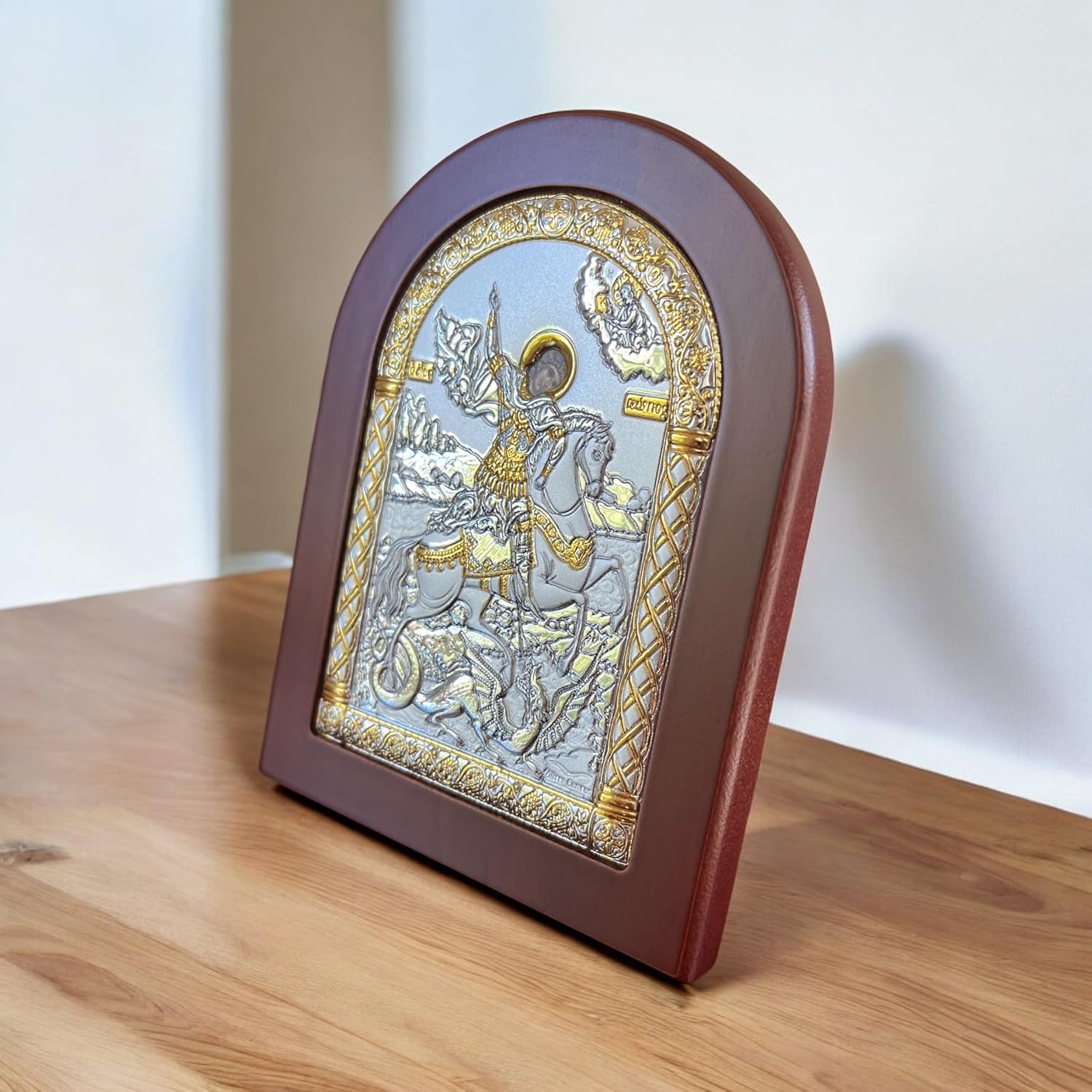 (A-3/004/G/K) Saint George Byzantine, 925° Sterling Silver Orthodox Christian Icon/Greek Handmade (red, 5 1/2x4)