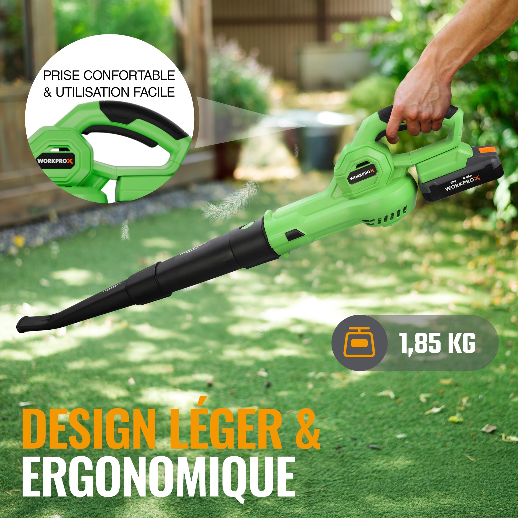 WORKPROX Souffleur de Feuilles sans Fil 20V 4,0 Ah, Souffleur Batterie avec Débit d’Air Puissant 222KM/H et Capacité 290 M³/H, Idéal pour Jardins, Allées, Terrasses | Débit d’Air 222 km/h, Capacité 290 m³/h, Idéal pour Jardins, Allées et Terrasses